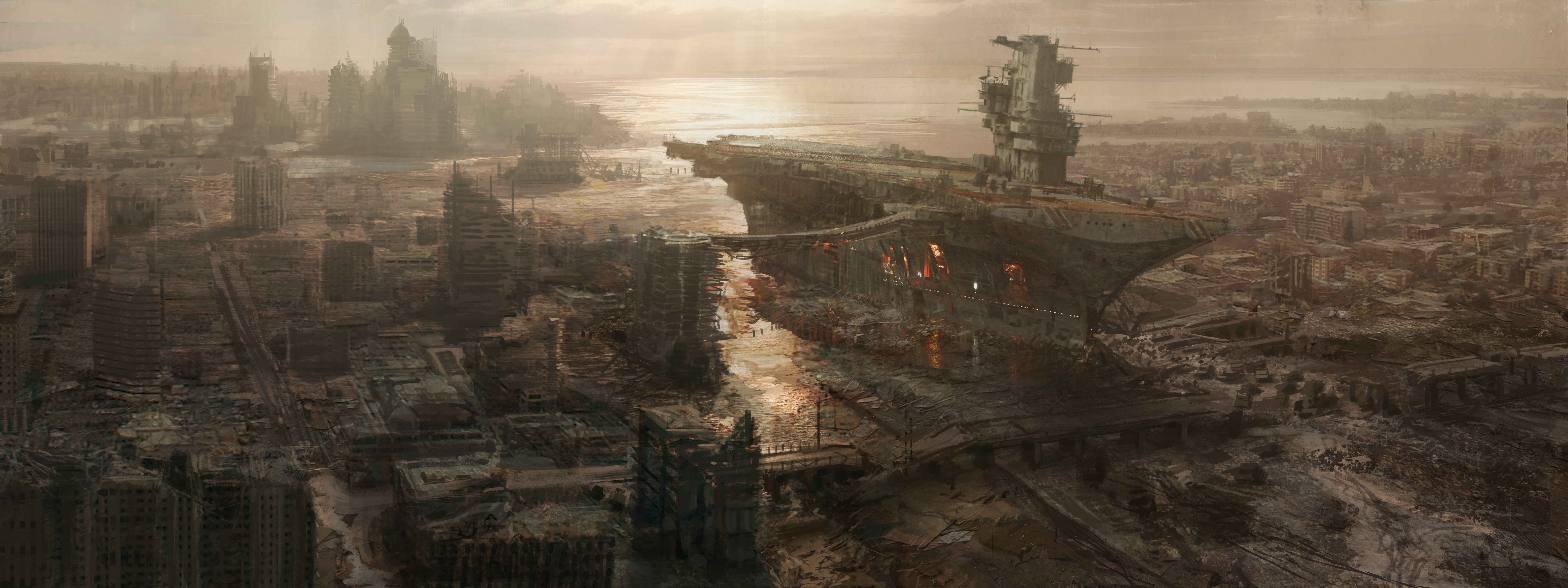 Post-apocalyptic city with a large aircraft carrier HD Wallpaper
