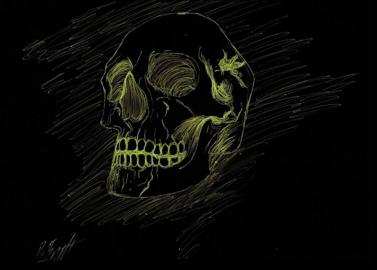 Sketch of a human skull with yellow lines on black background HD Wallpaper