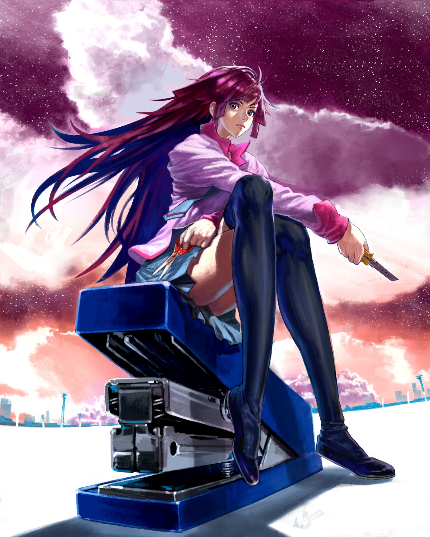 Senjougahara Hitagi from Monogatari Series with scissors and knife HD Wallpaper