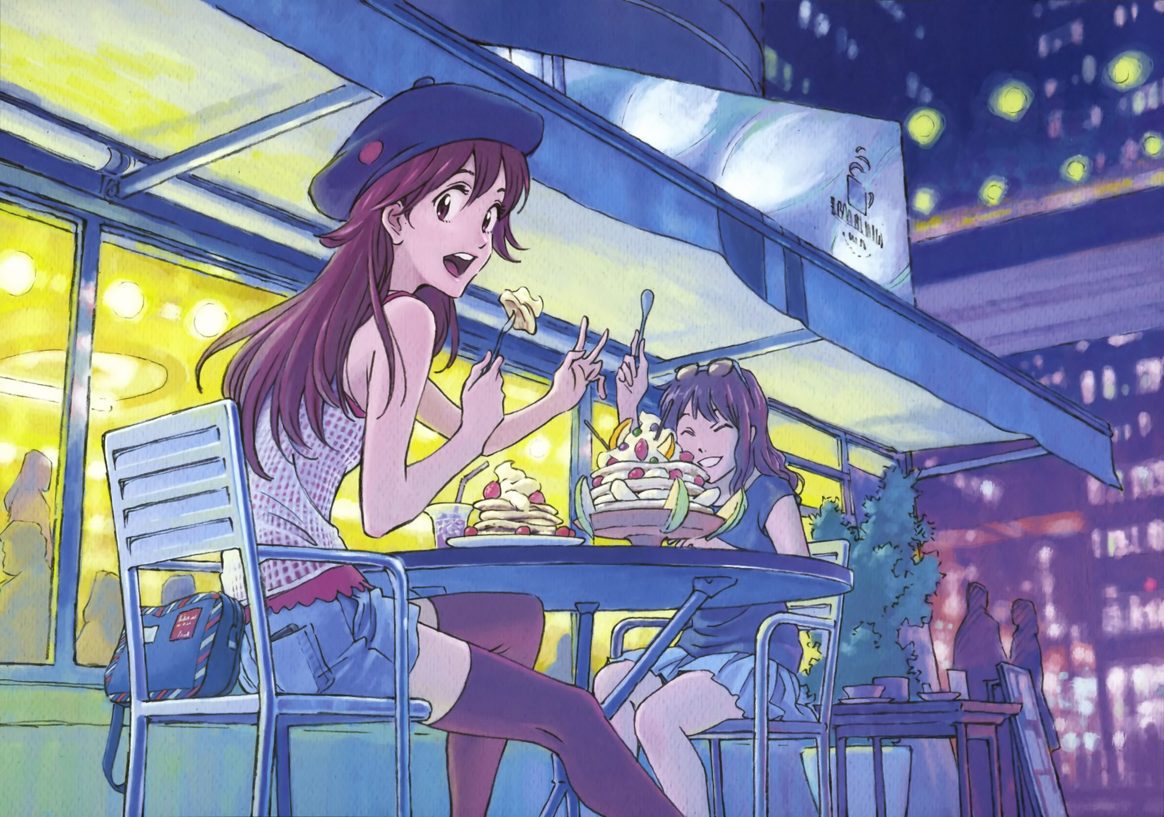 Anime girls eating pancakes at a cafe HD Wallpaper