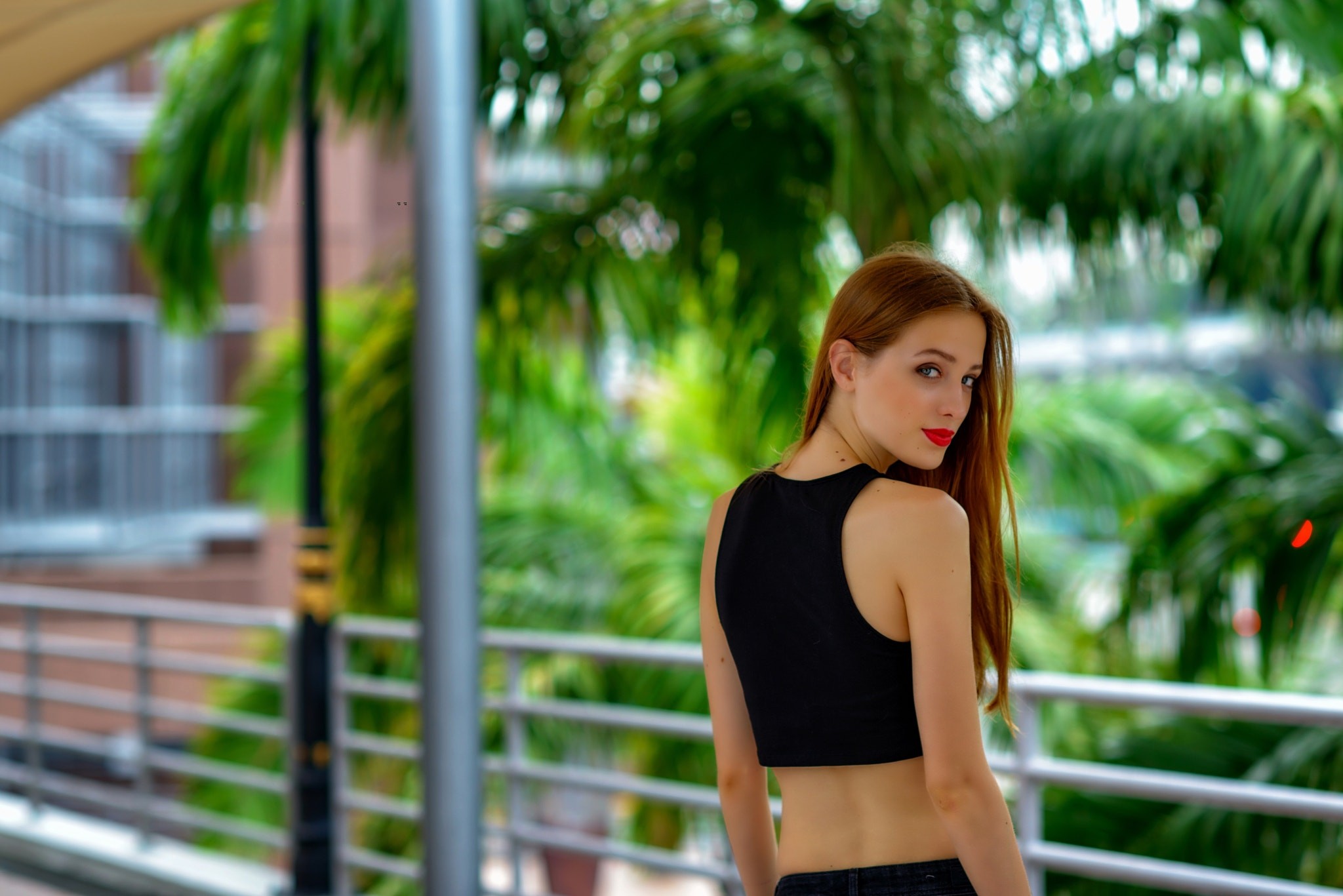 Woman with red hair wearing a black crop top HD Wallpaper