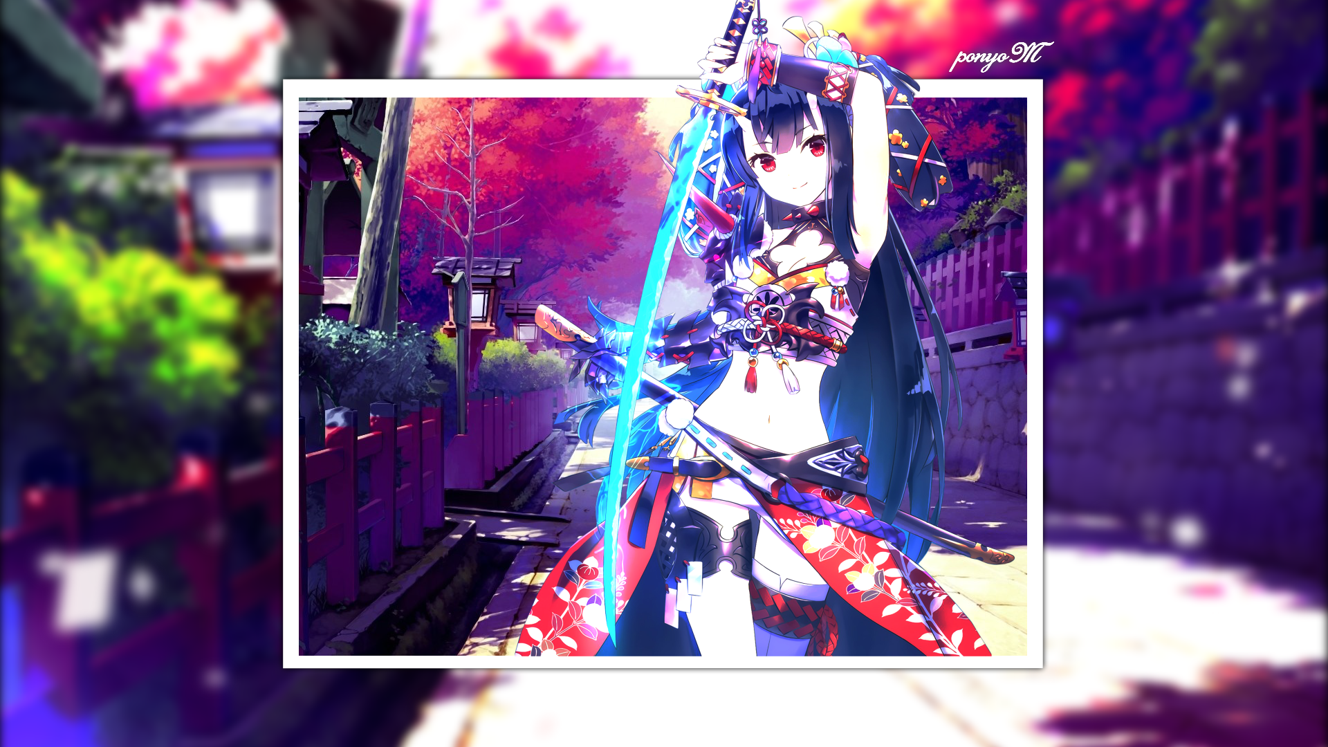 Anime girl with katana in traditional Japanese setting HD Wallpaper