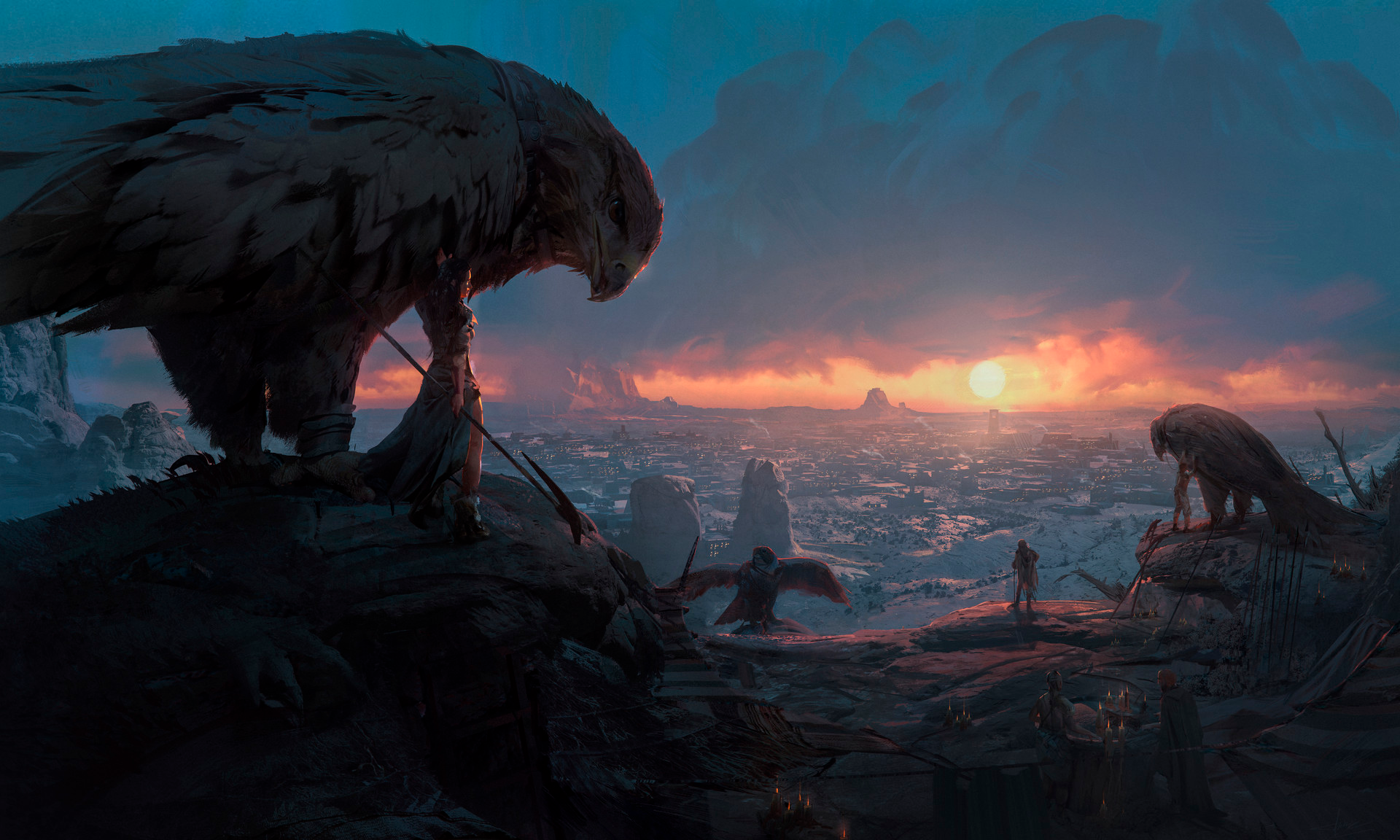Giant birds overlooking a fantasy city at sunset HD Wallpaper