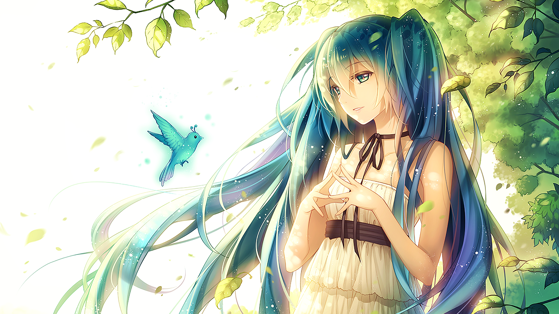 Hatsune Miku with a blue bird in a forest HD Wallpaper