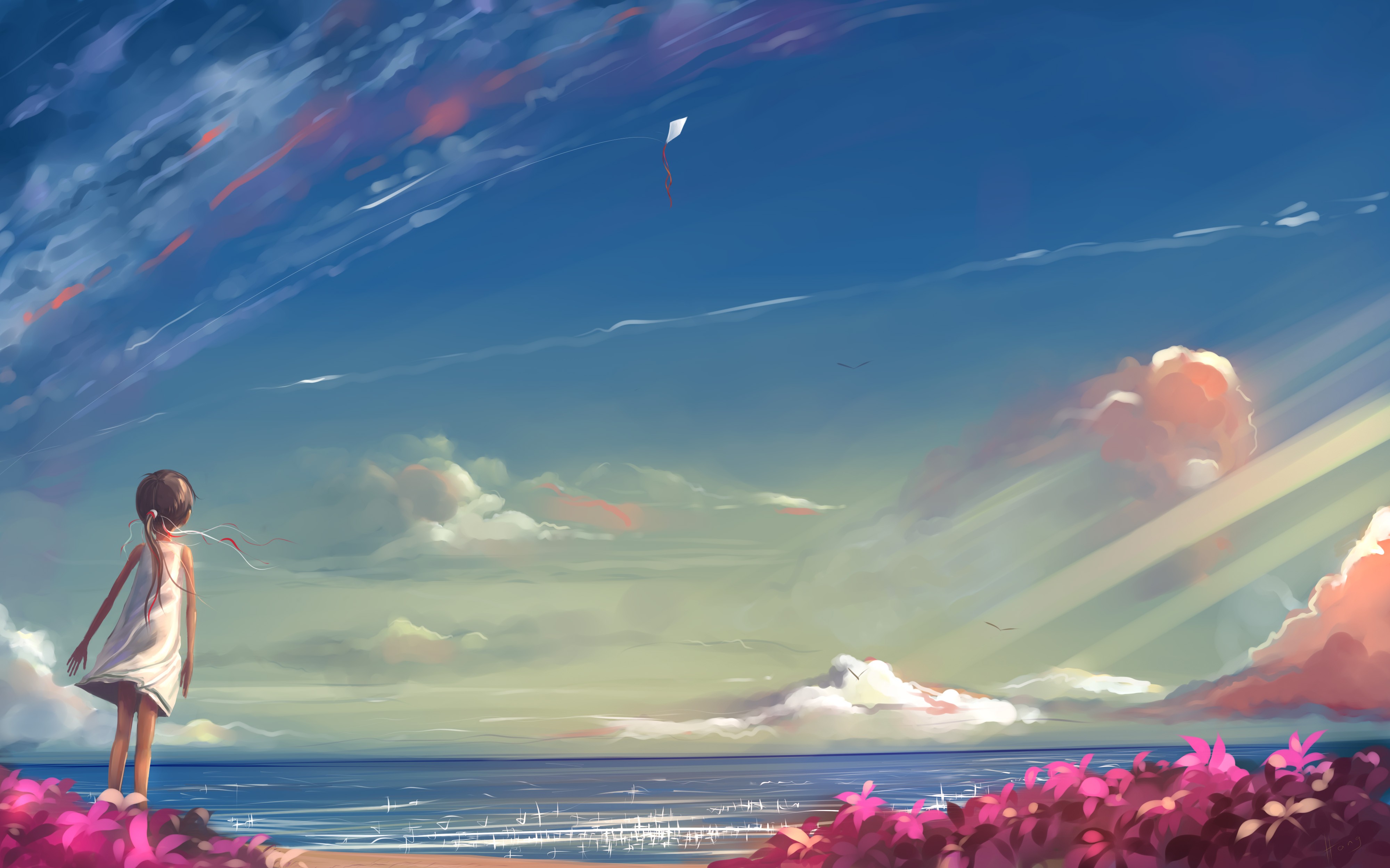 Girl flying a kite on a beach HD Wallpaper