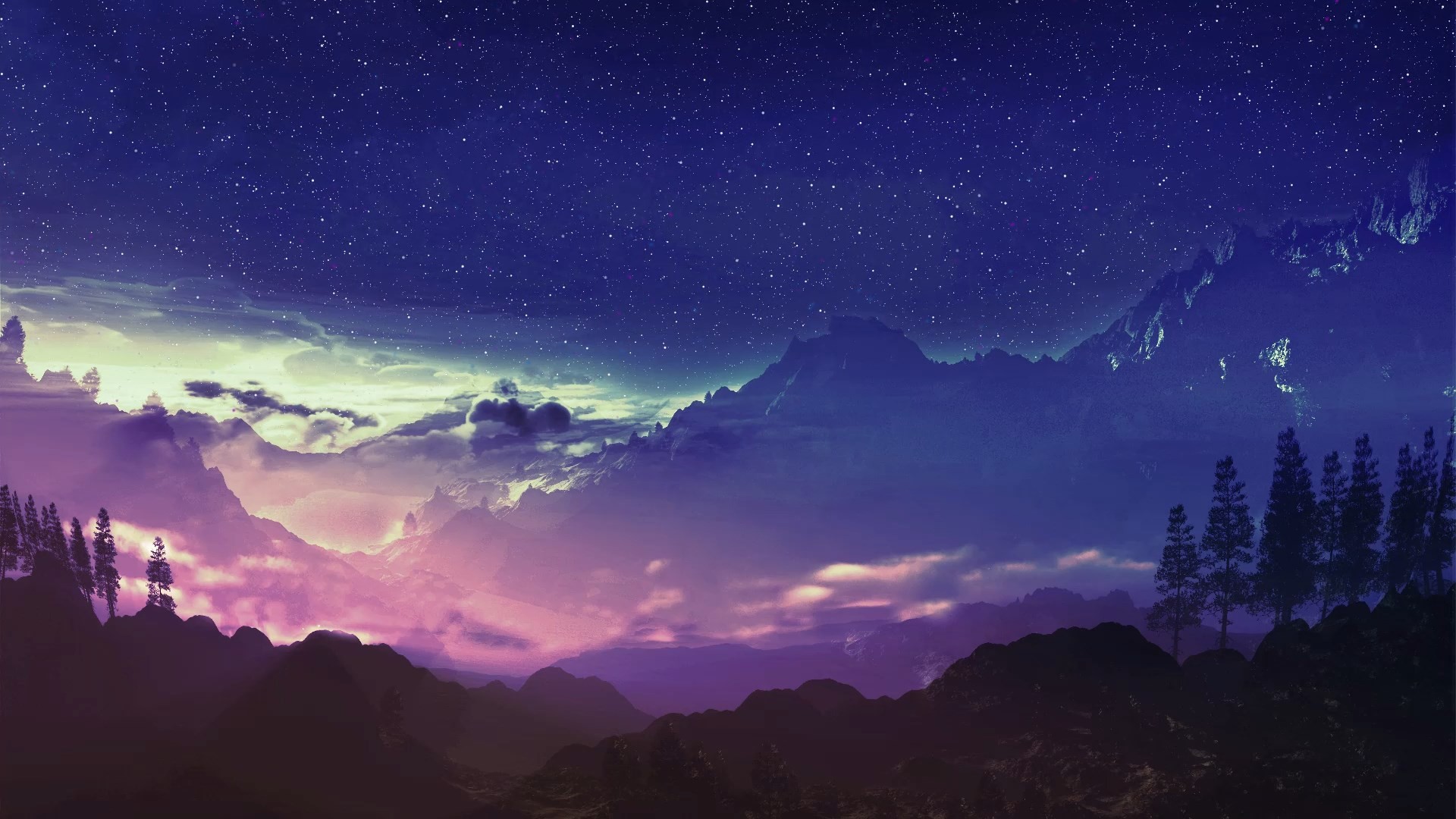 Digital art landscape of mountains under a starry sky HD Wallpaper
