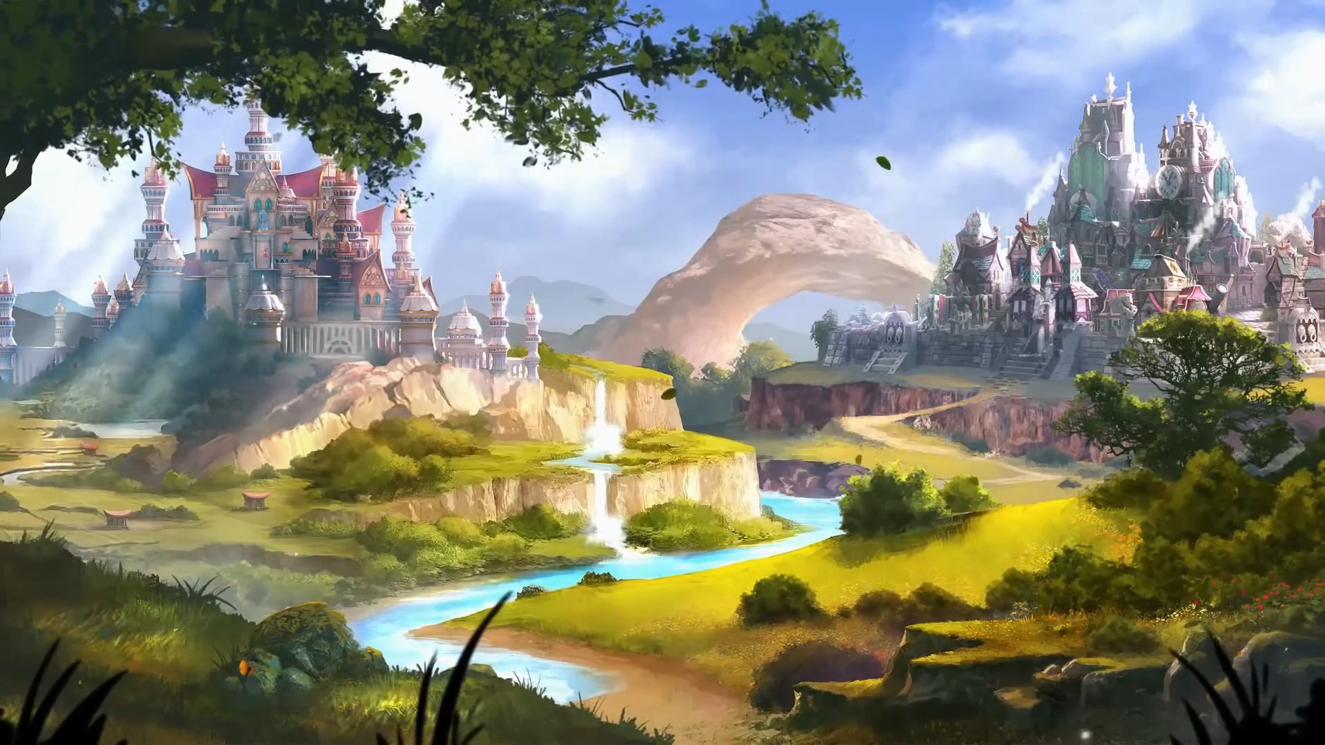 Fantasy landscape with castles and waterfalls HD Wallpaper
