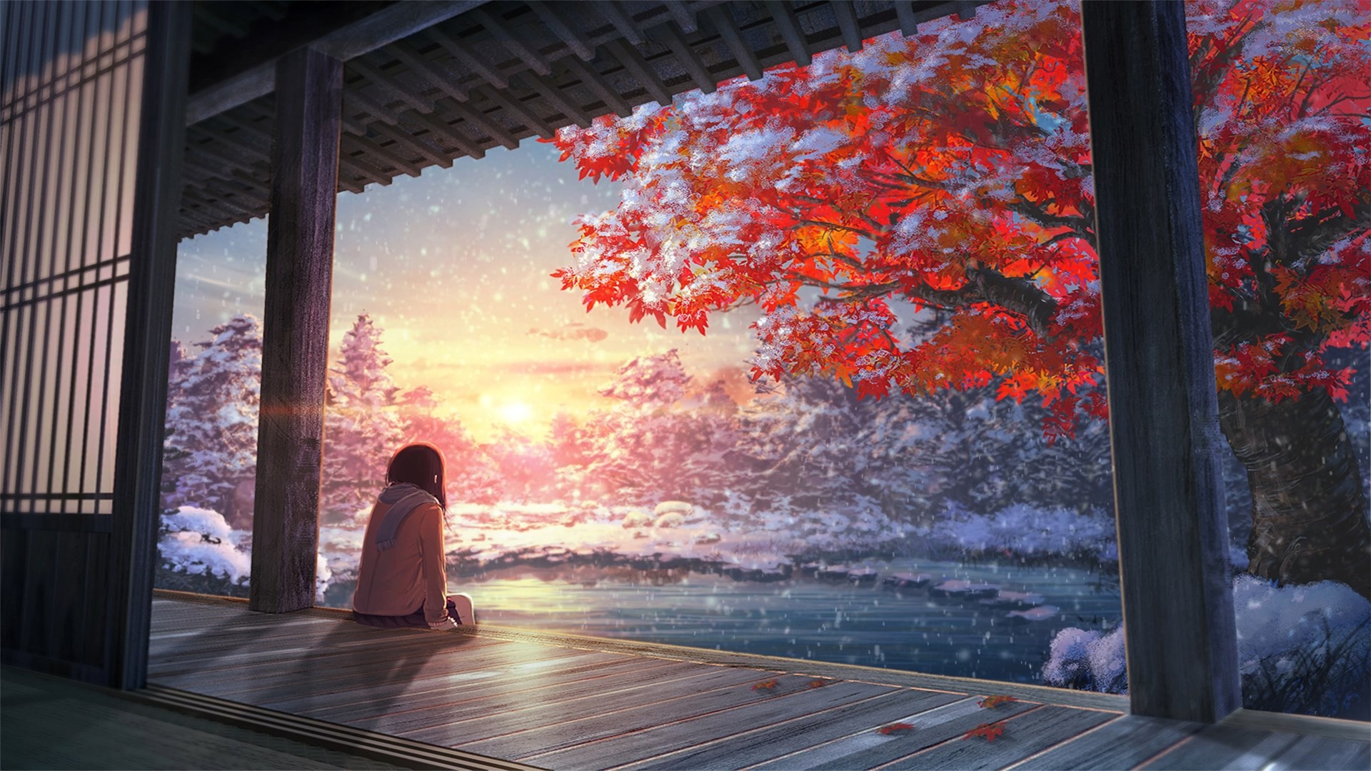 Anime girl sitting on porch in snowy landscape with autumn tree HD Wallpaper