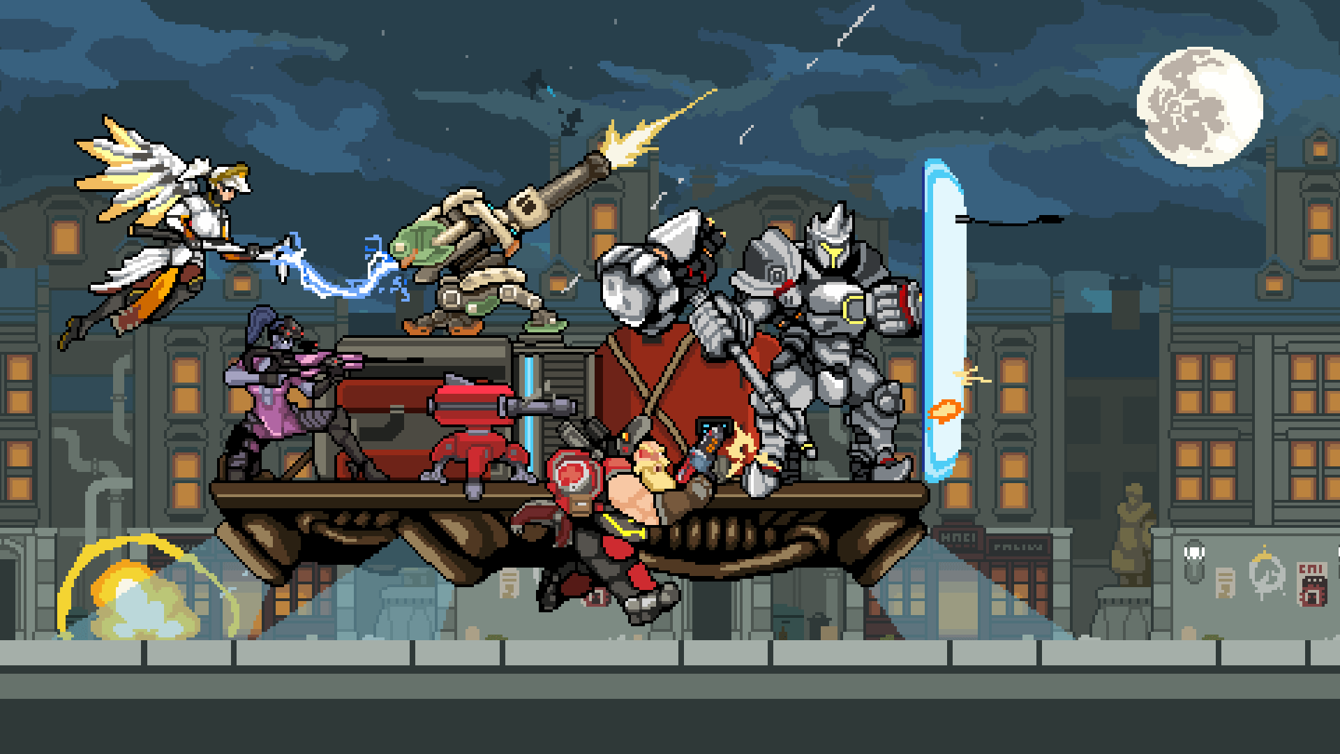 Overwatch characters in 8-bit style battle on a platform HD Wallpaper