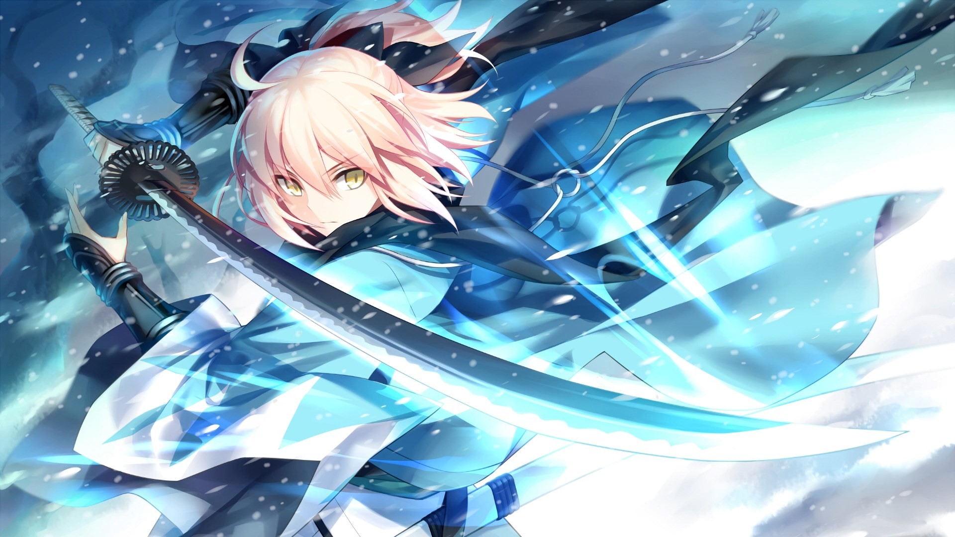 Okita Souji from Fate/Grand Order with a katana in snow HD Wallpaper