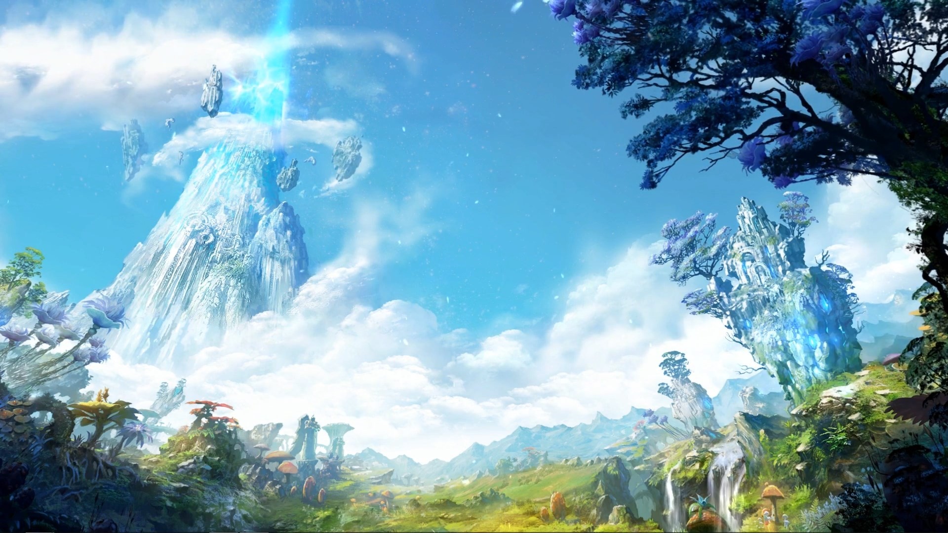 Fantasy landscape with floating islands and a glowing mountain HD Wallpaper