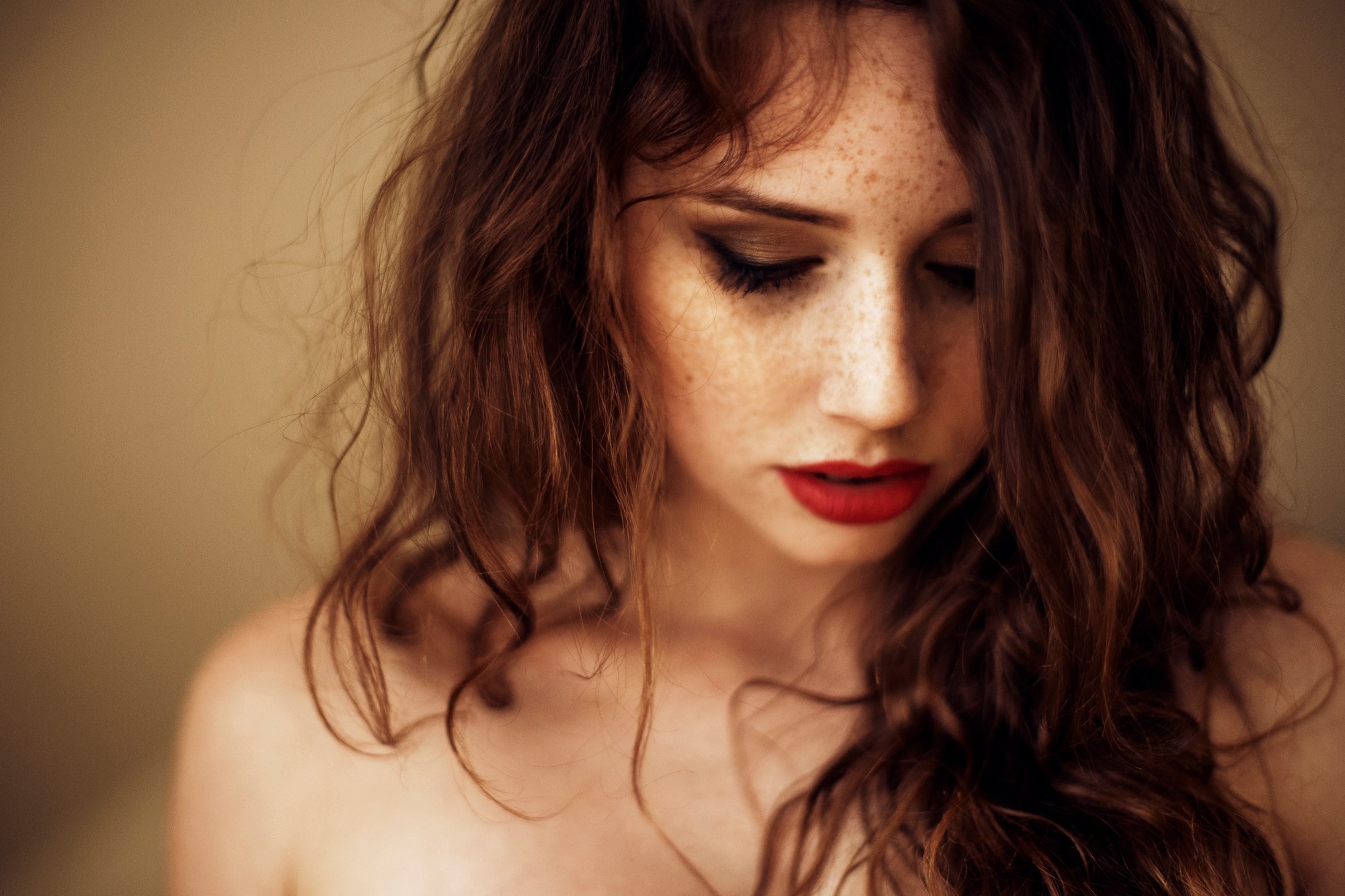 Woman with freckles and red lipstick HD Wallpaper