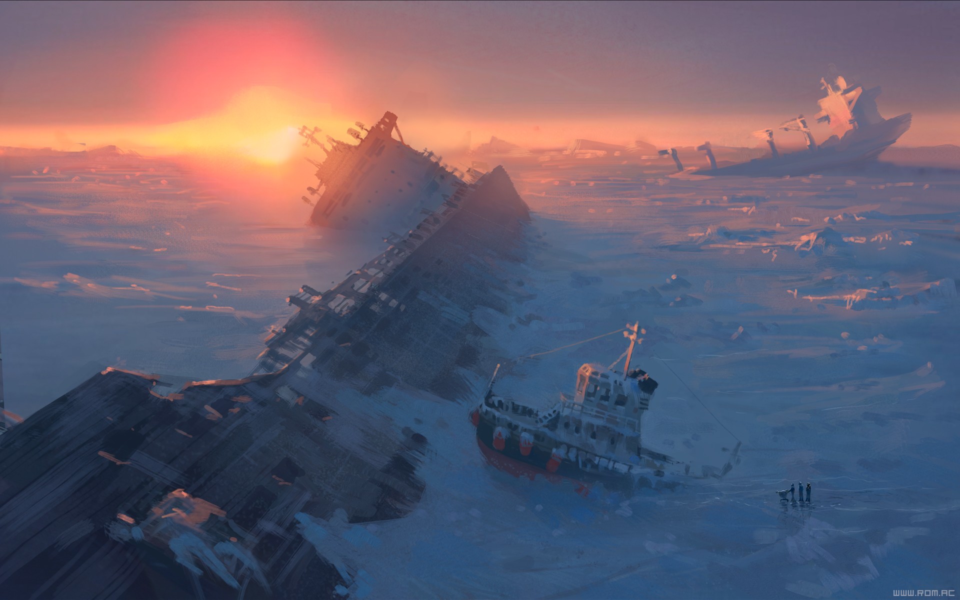 Shipwrecks in icy sea at sunset HD Wallpaper