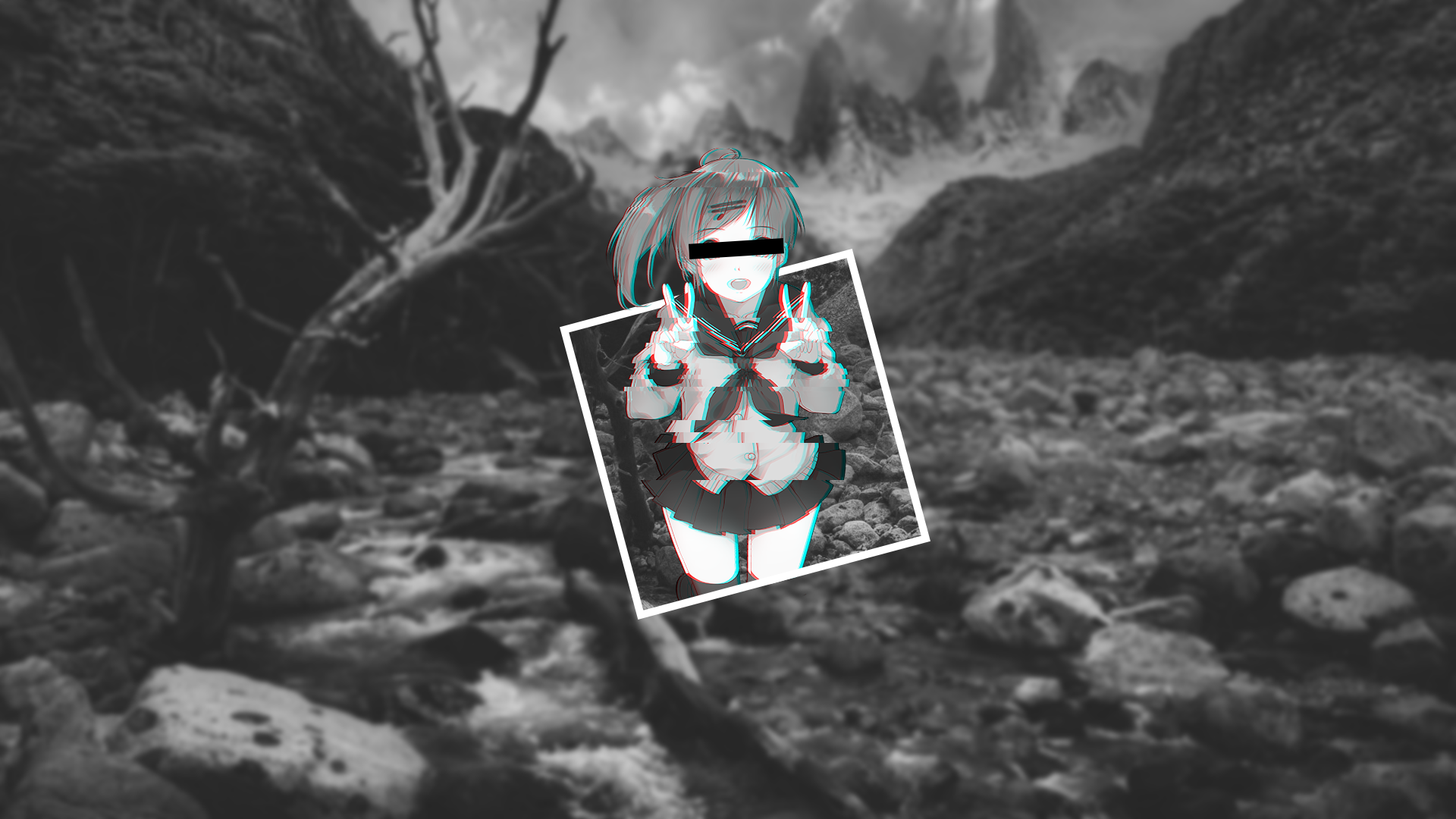 Anime girl with glitch effect in a rocky landscape HD Wallpaper