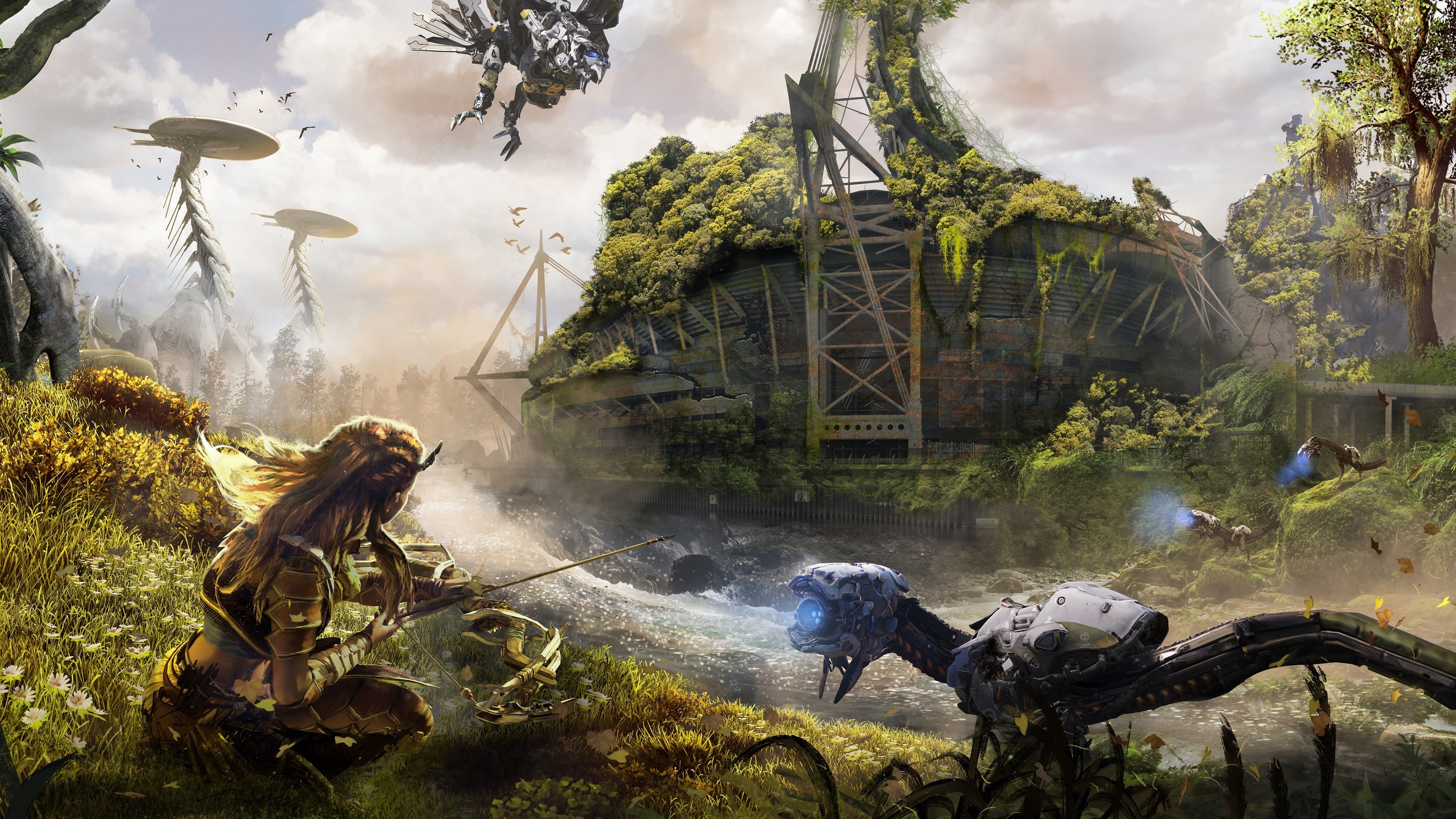 Aloy from Horizon Zero Dawn in a post-apocalyptic landscape HD Wallpaper