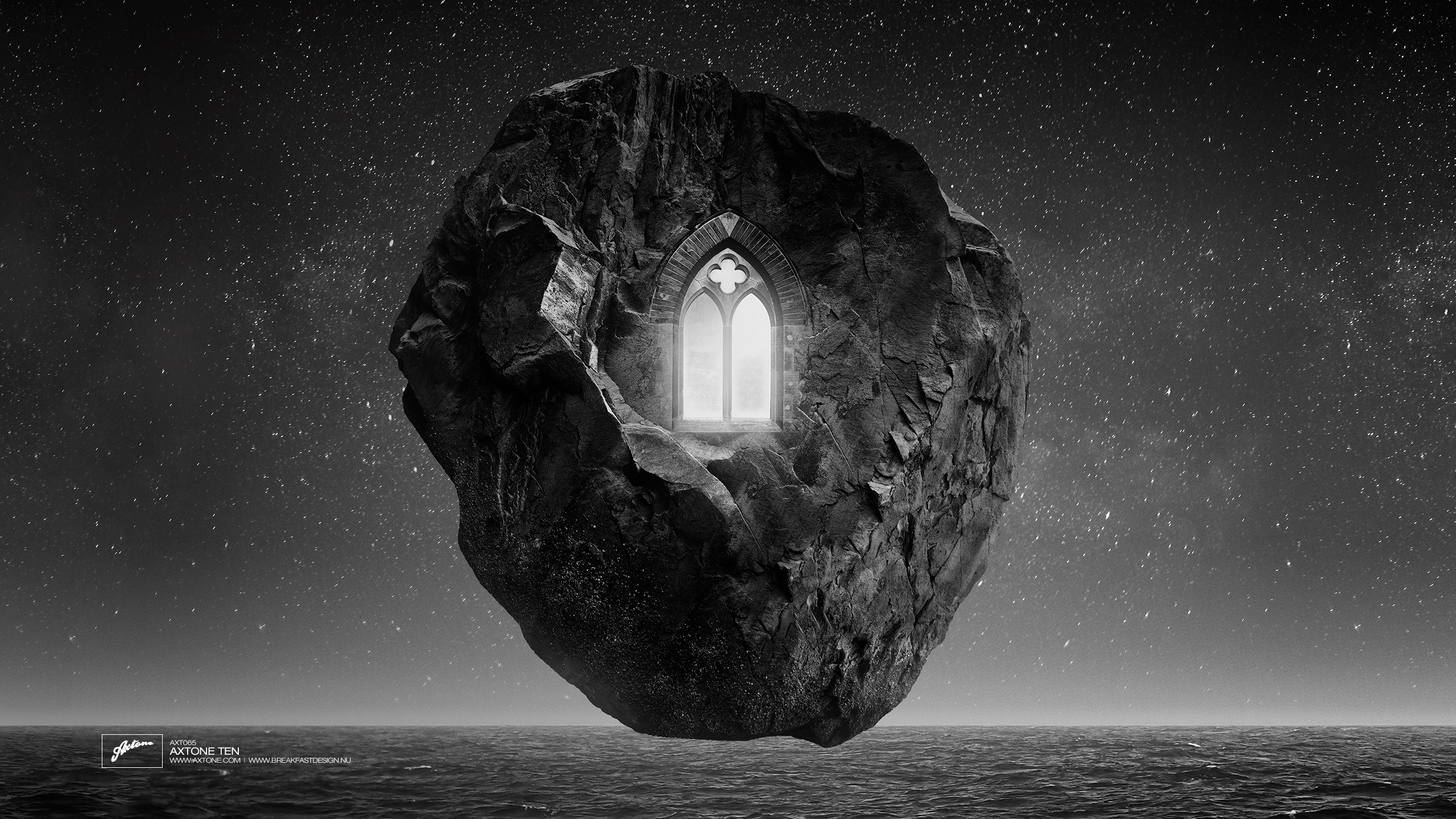 Floating rock with a gothic window over the ocean HD Wallpaper