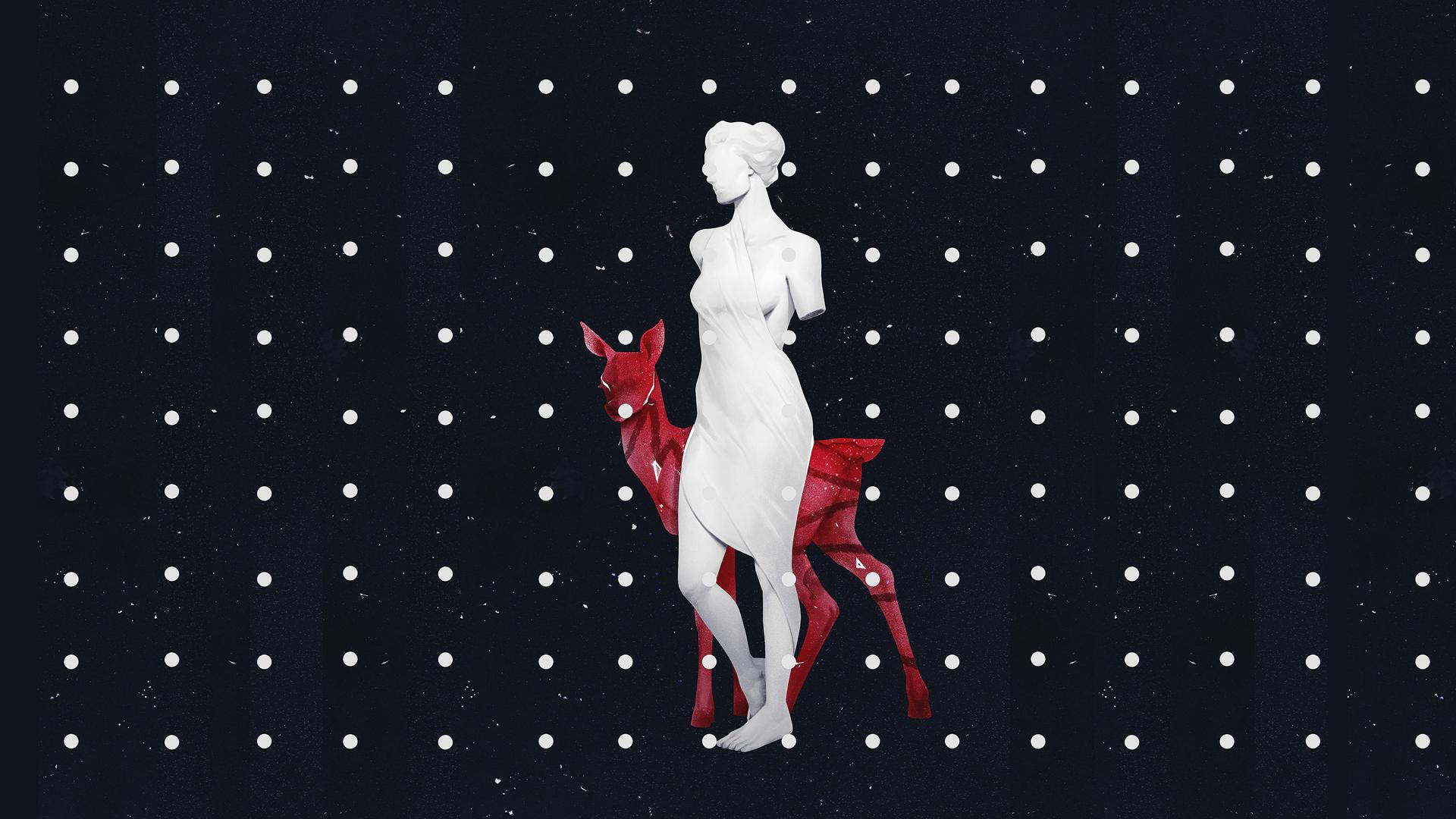 White statue and red deer against a dotted background HD Wallpaper