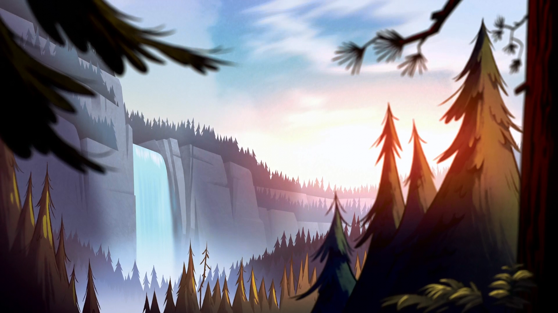 Waterfall in a forest landscape from Gravity Falls HD Wallpaper