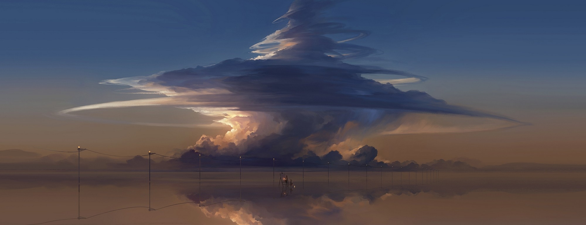 A surreal landscape with a massive storm cloud and a lone figure HD Wallpaper