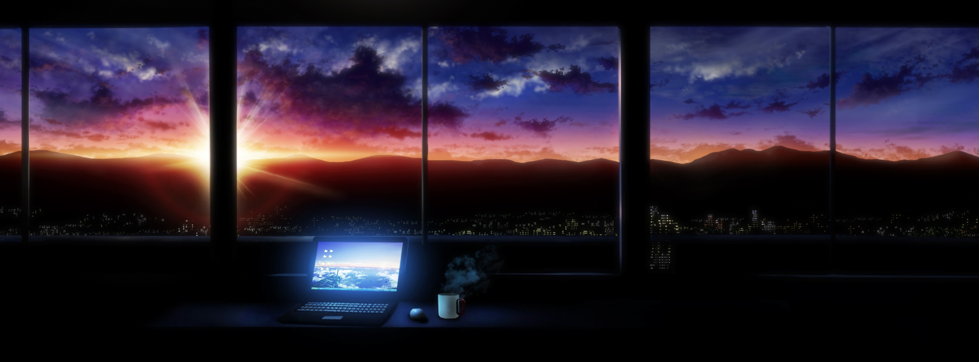 Laptop and coffee cup on desk with sunrise over city HD Wallpaper