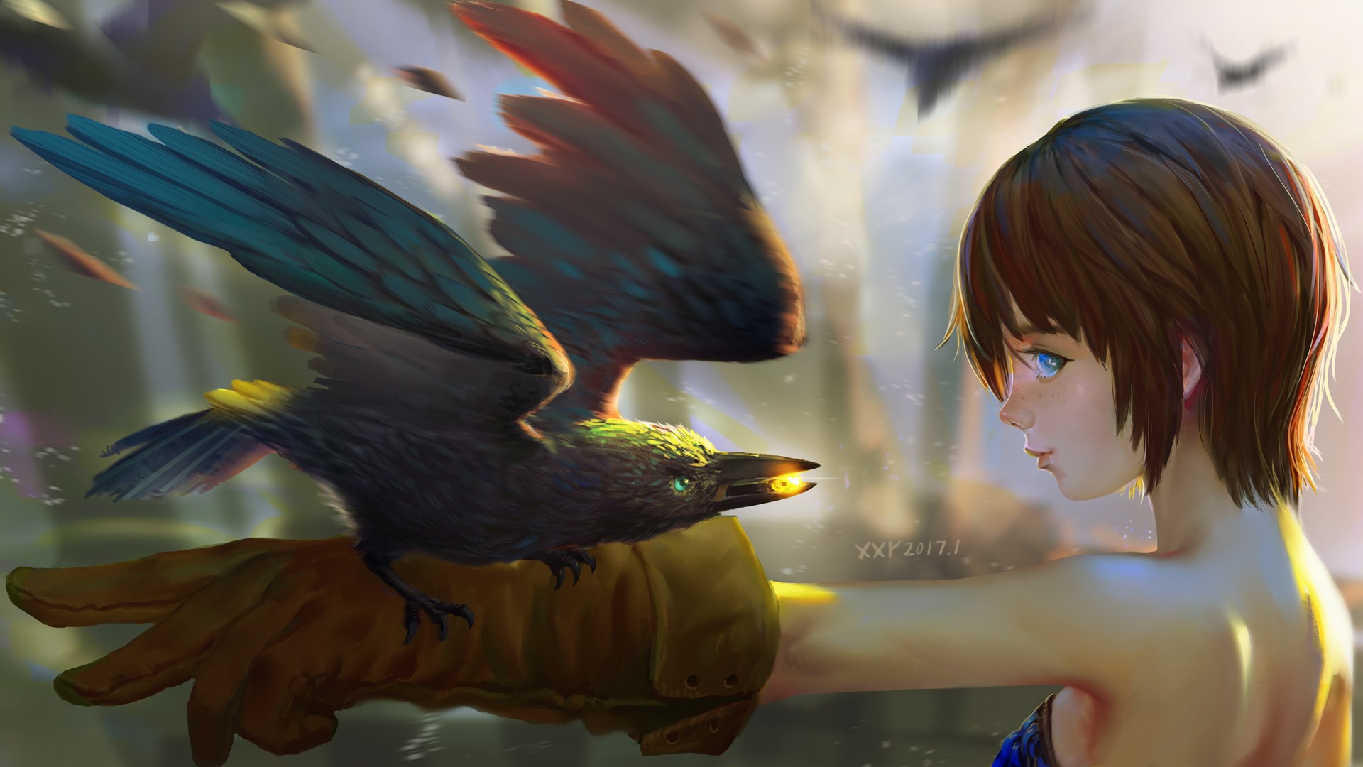 Girl with a bird on her hand HD Wallpaper