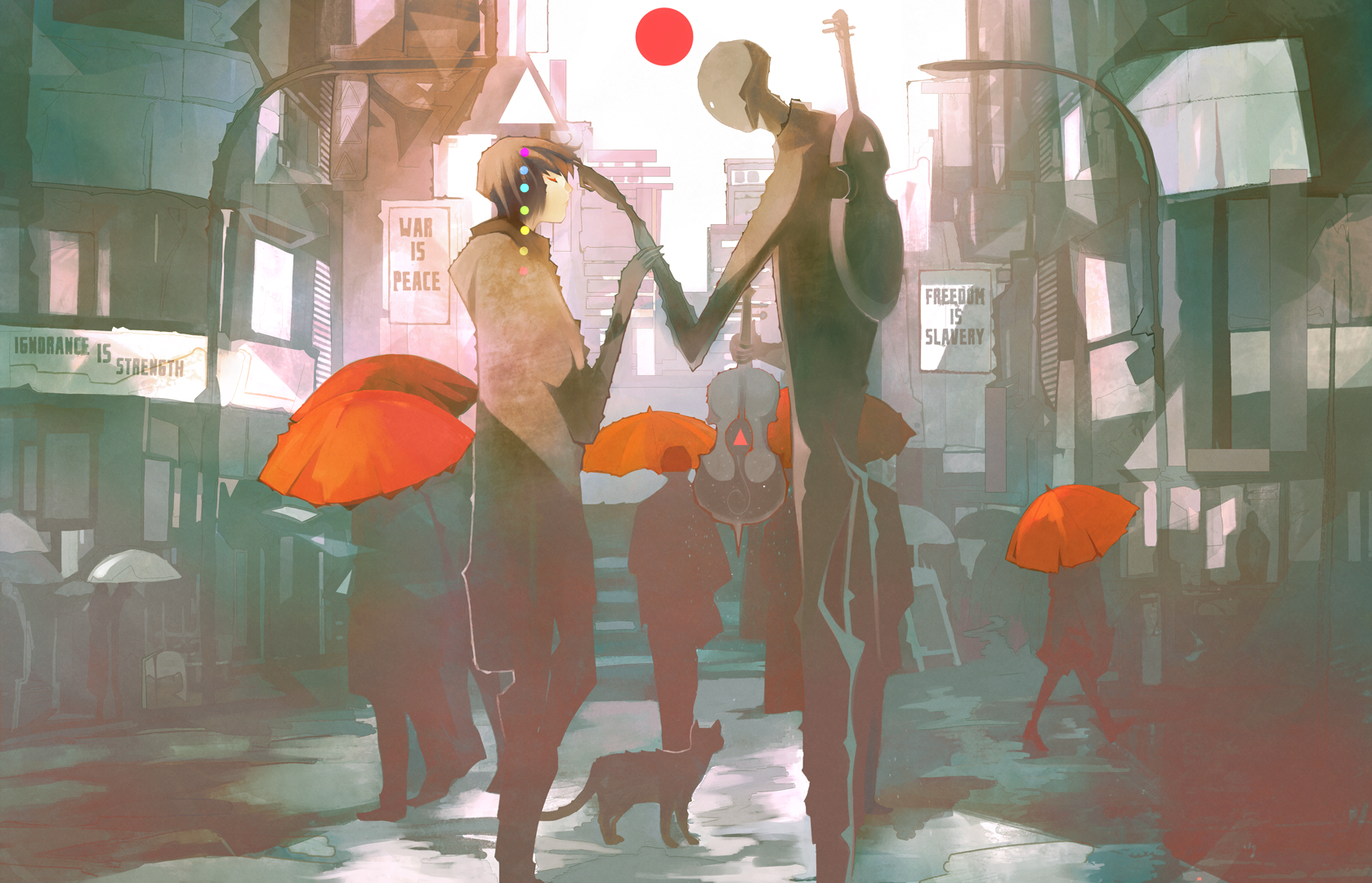 Two figures in a dystopian city with a violin and umbrellas HD Wallpaper