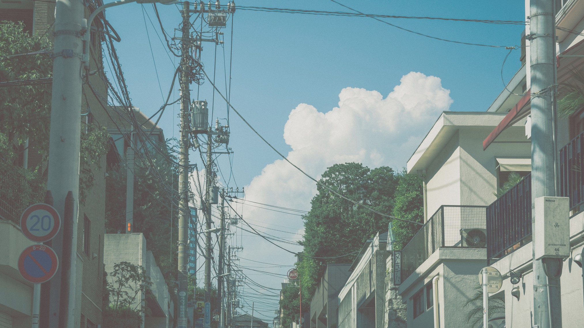Street scene in Japan with power lines and buildings HD Wallpaper
