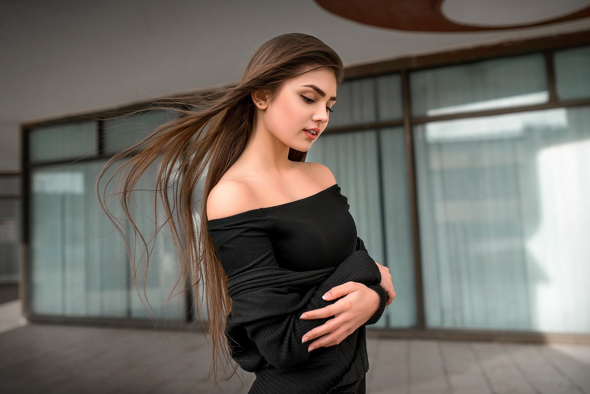 Woman with long brown hair wearing a black off-the-shoulder top HD Wallpaper