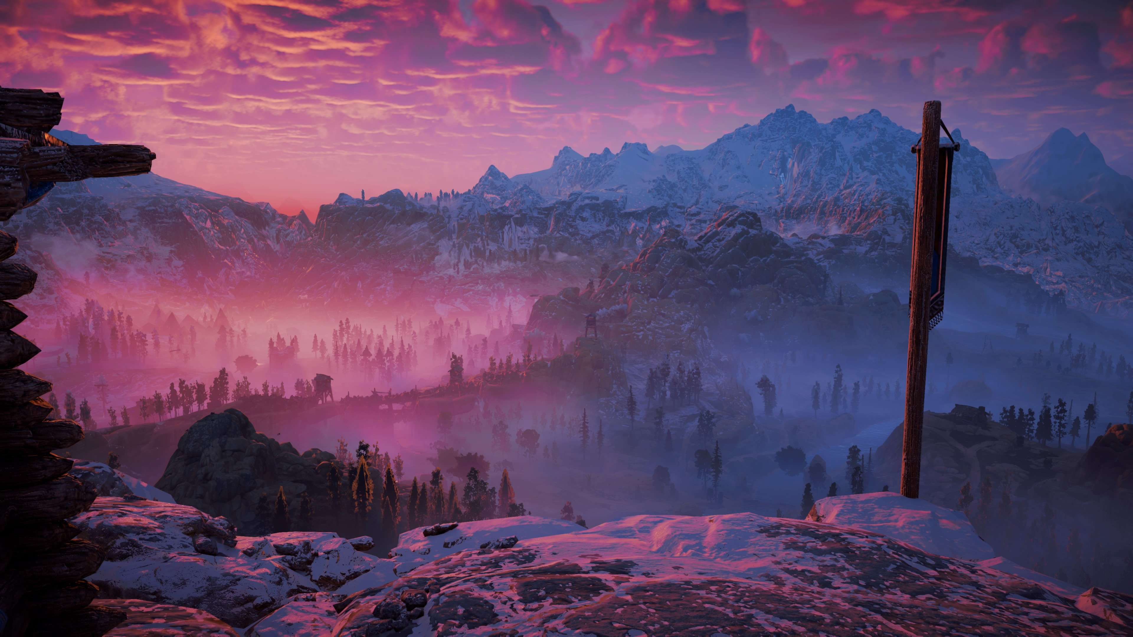 Horizon Zero Dawn screenshot with snowy mountains at sunset HD Wallpaper