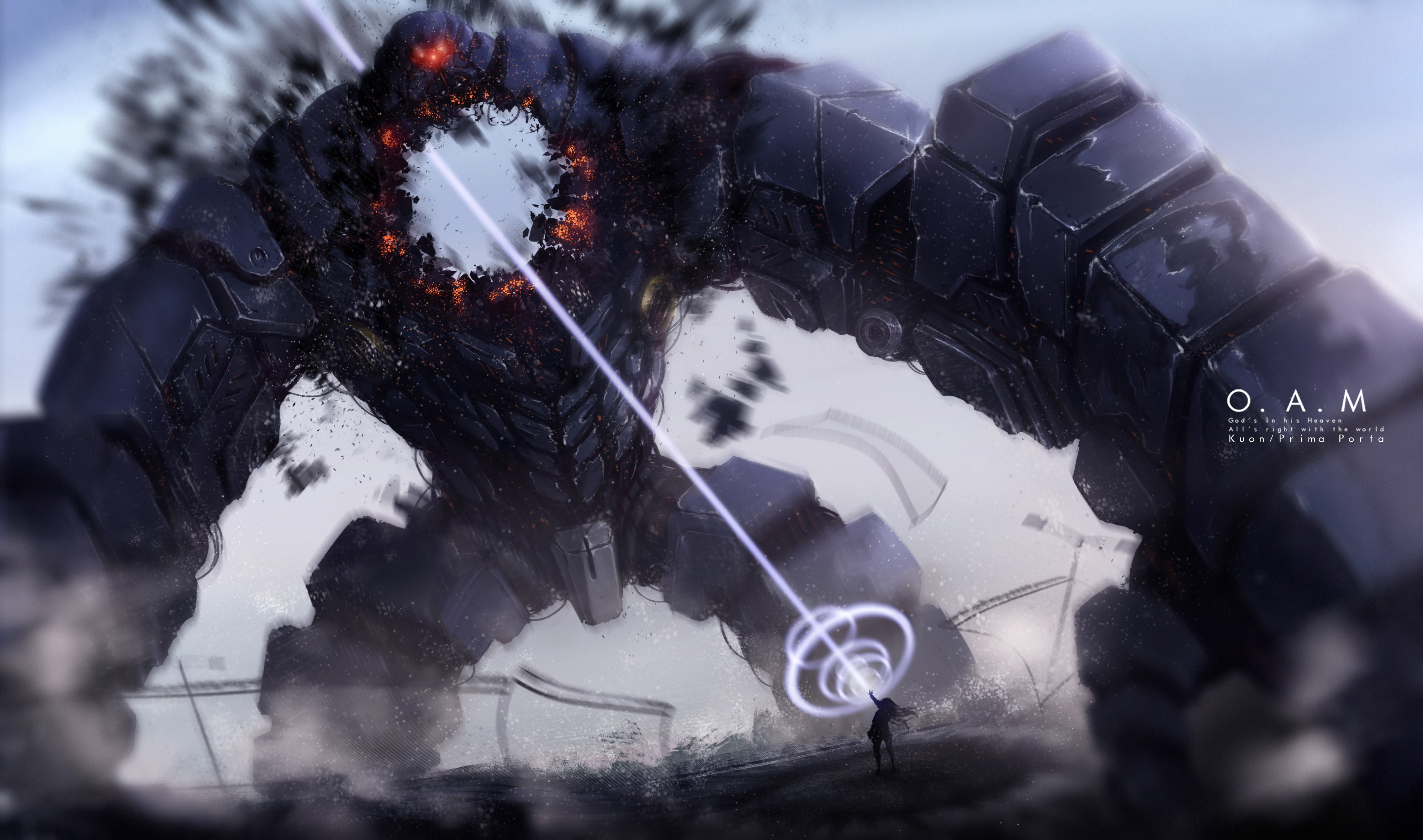 Giant robot fighting a small figure with lasers HD Wallpaper