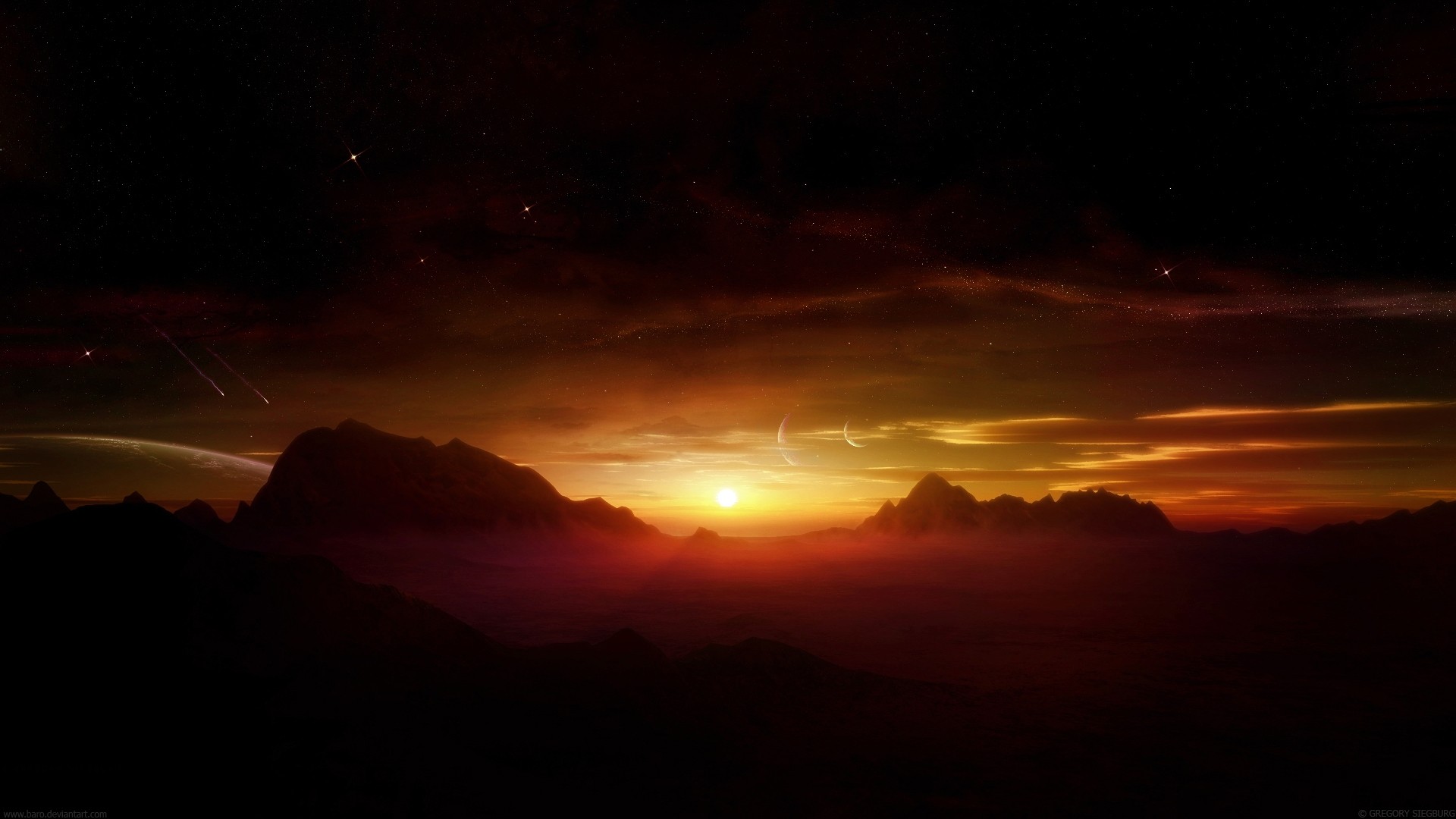 Digital art landscape of mountains under a starry sky with moons HD Wallpaper