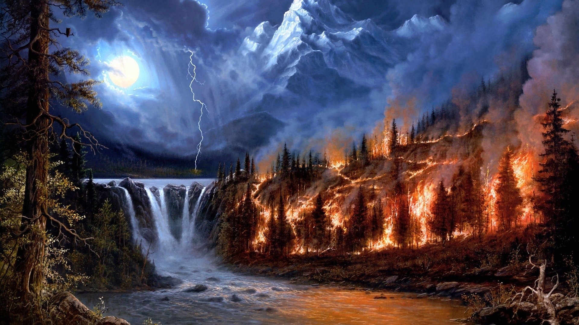 Forest fire and waterfall under a stormy moonlit sky HD Wallpaper