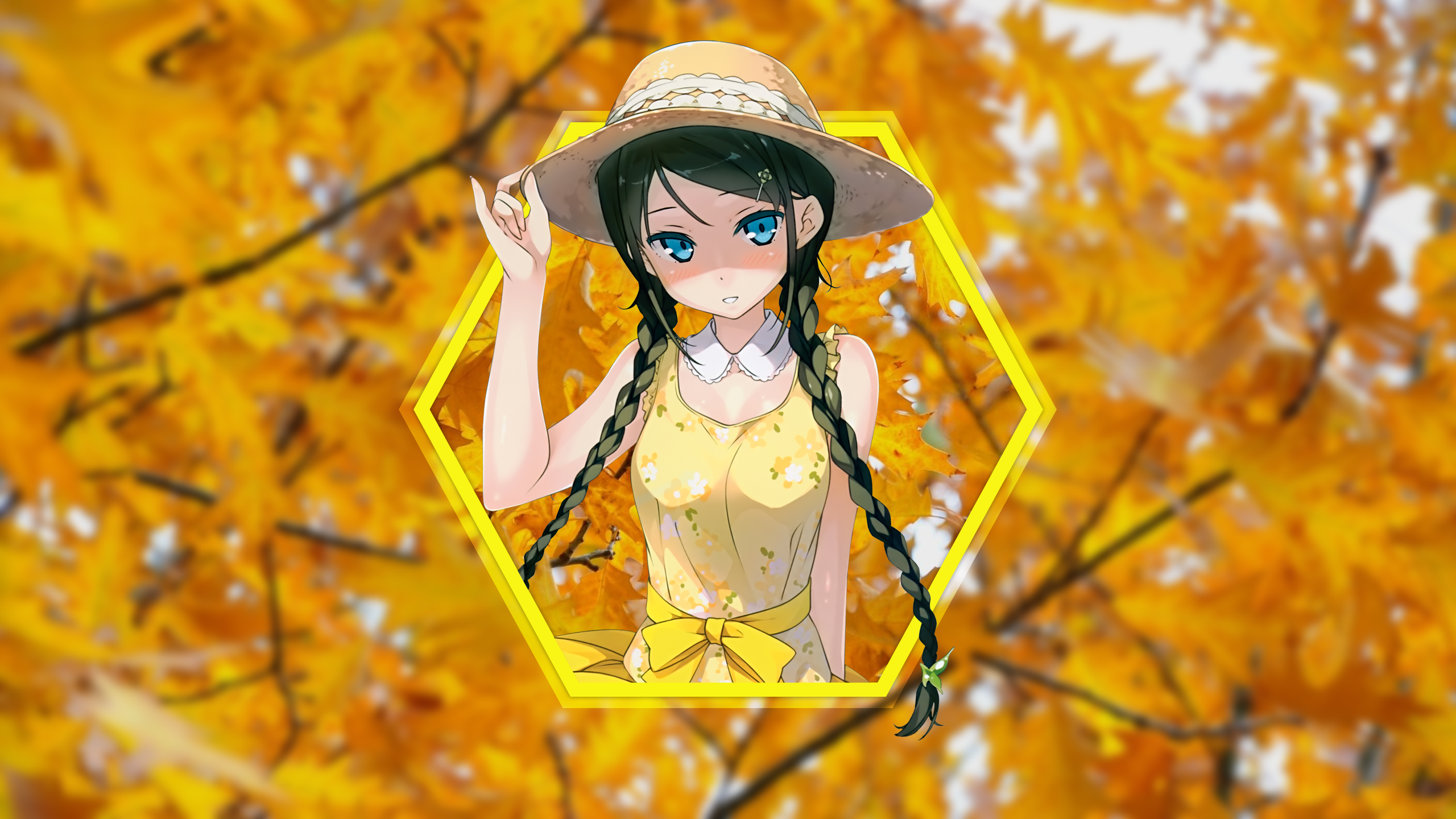 Anime girl in yellow dress with straw hat HD Wallpaper