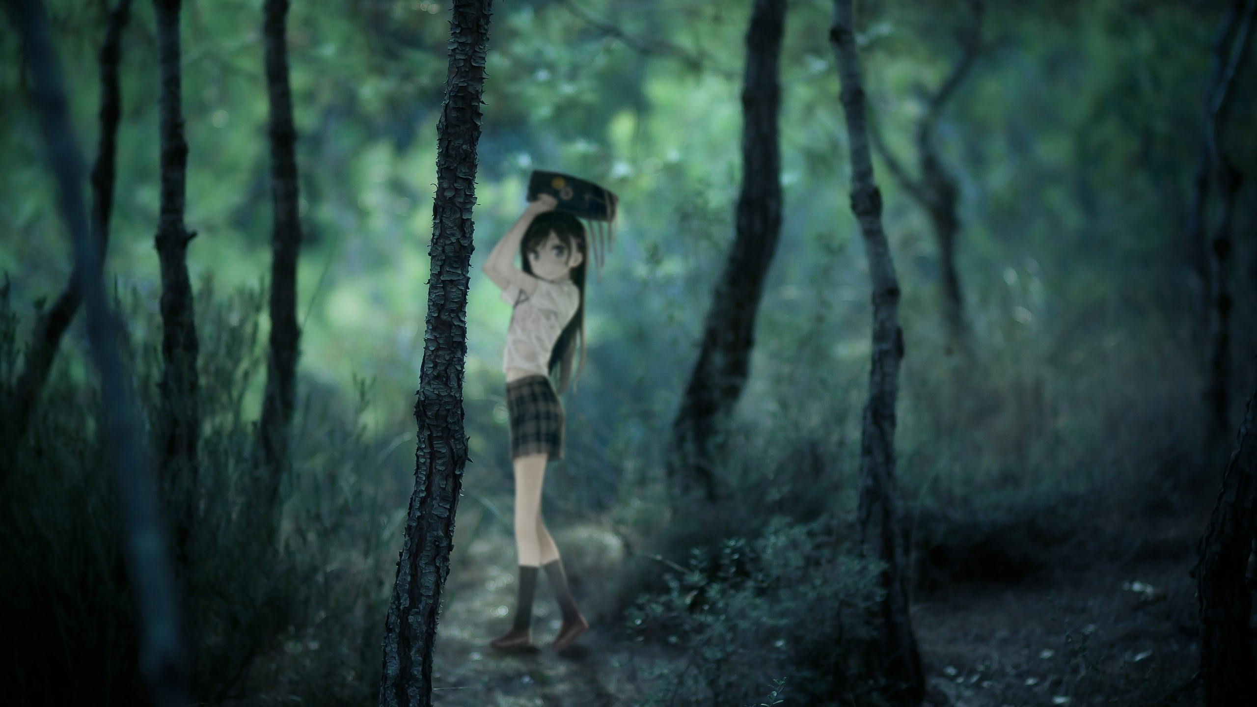 Girl from Kantoku holding a bag in a forest HD Wallpaper