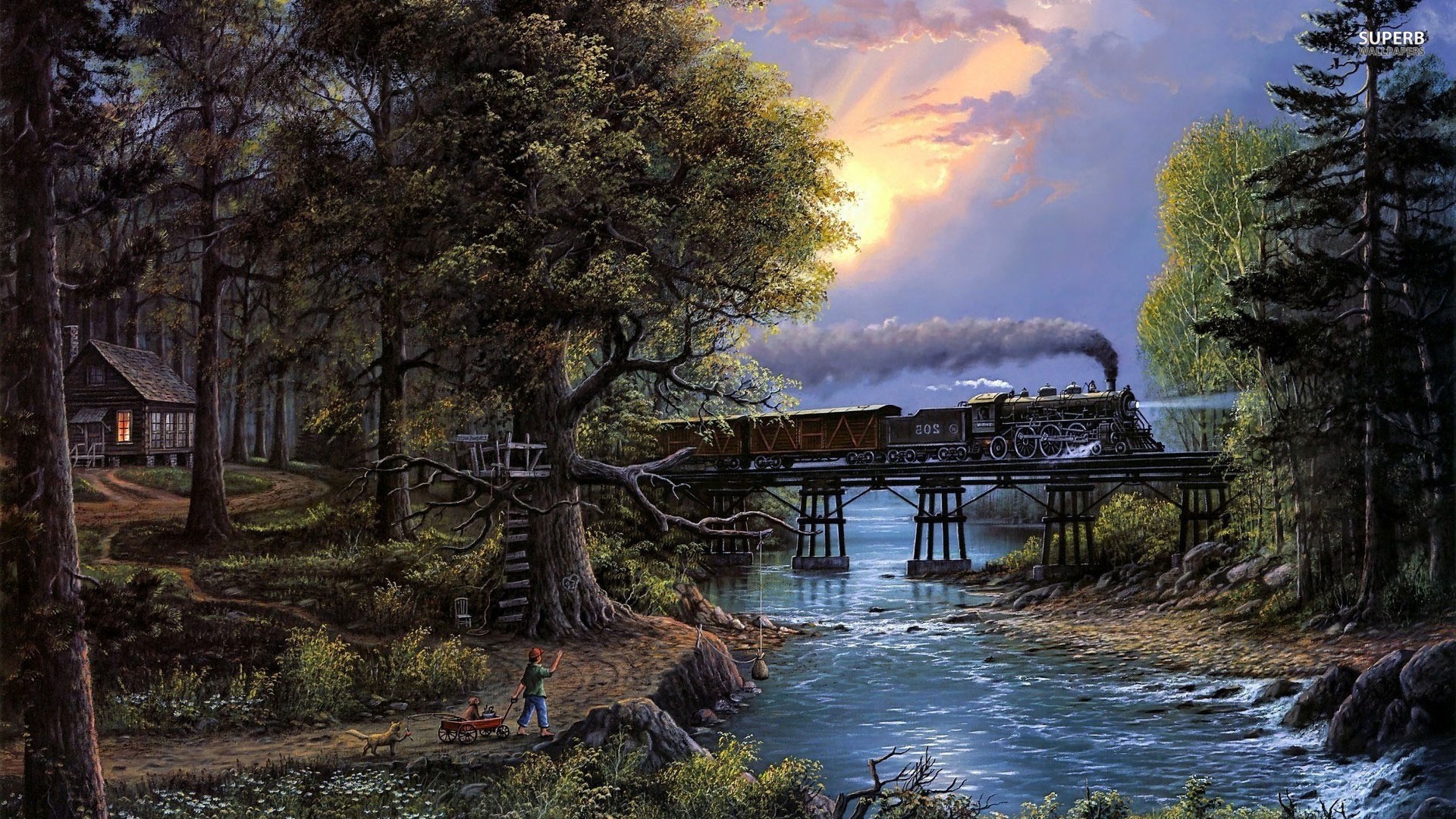 Train crossing a bridge over a river near a cabin HD Wallpaper