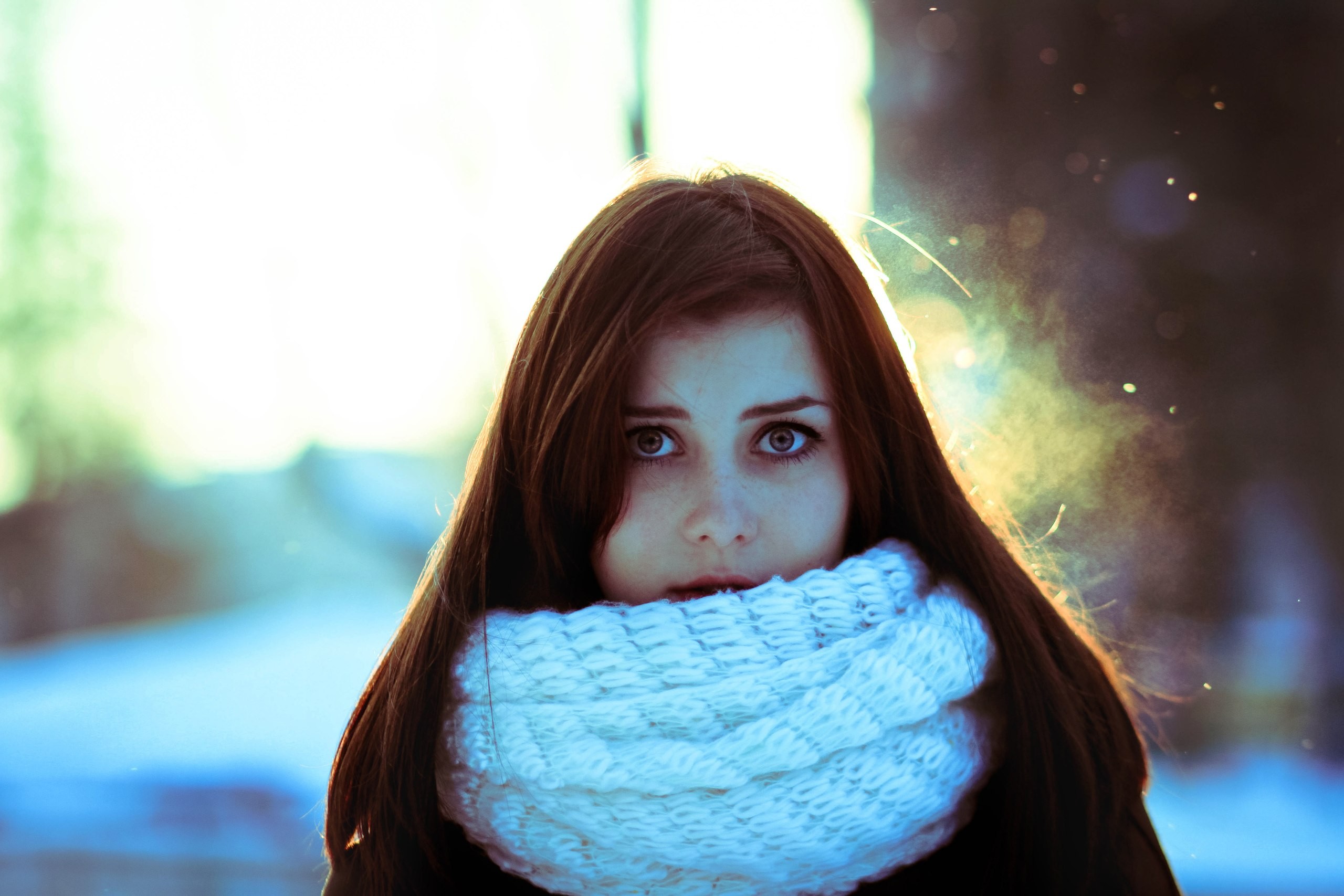 Young woman with brown hair and white scarf HD Wallpaper
