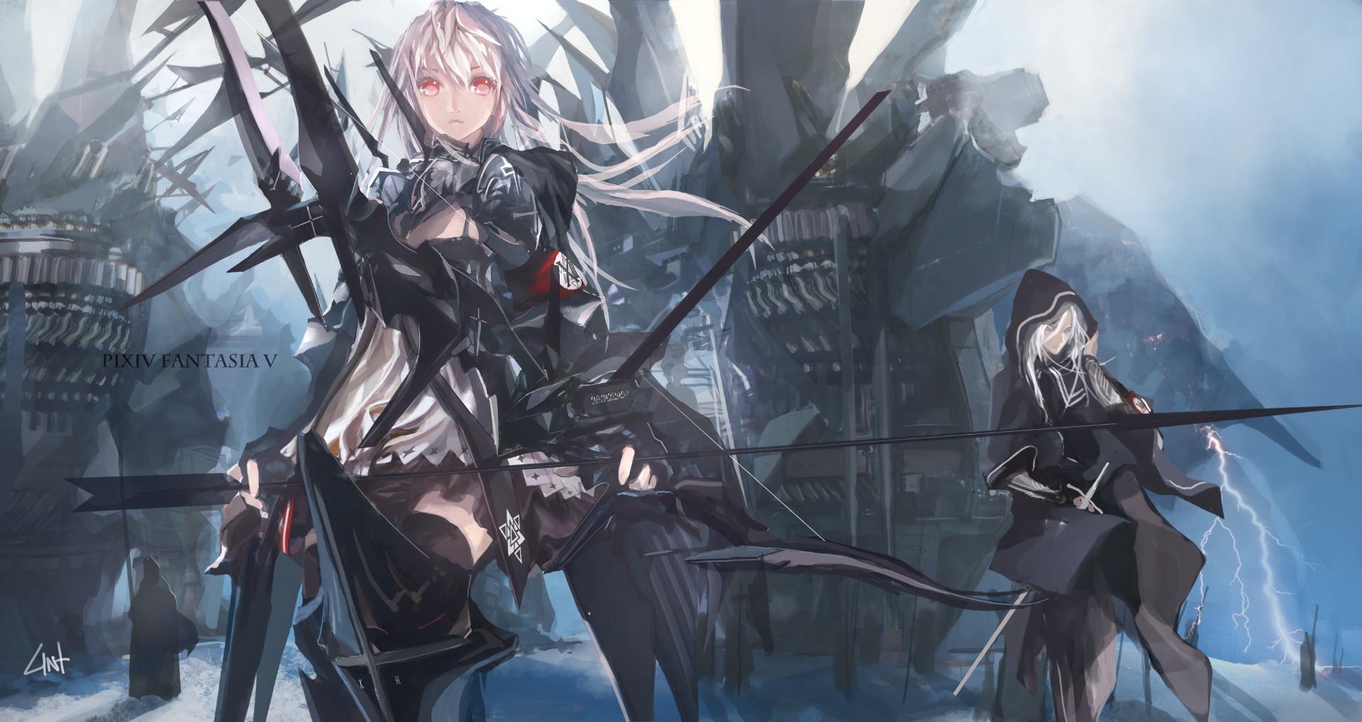 Anime girls with bows from Pixiv Fantasia V HD Wallpaper