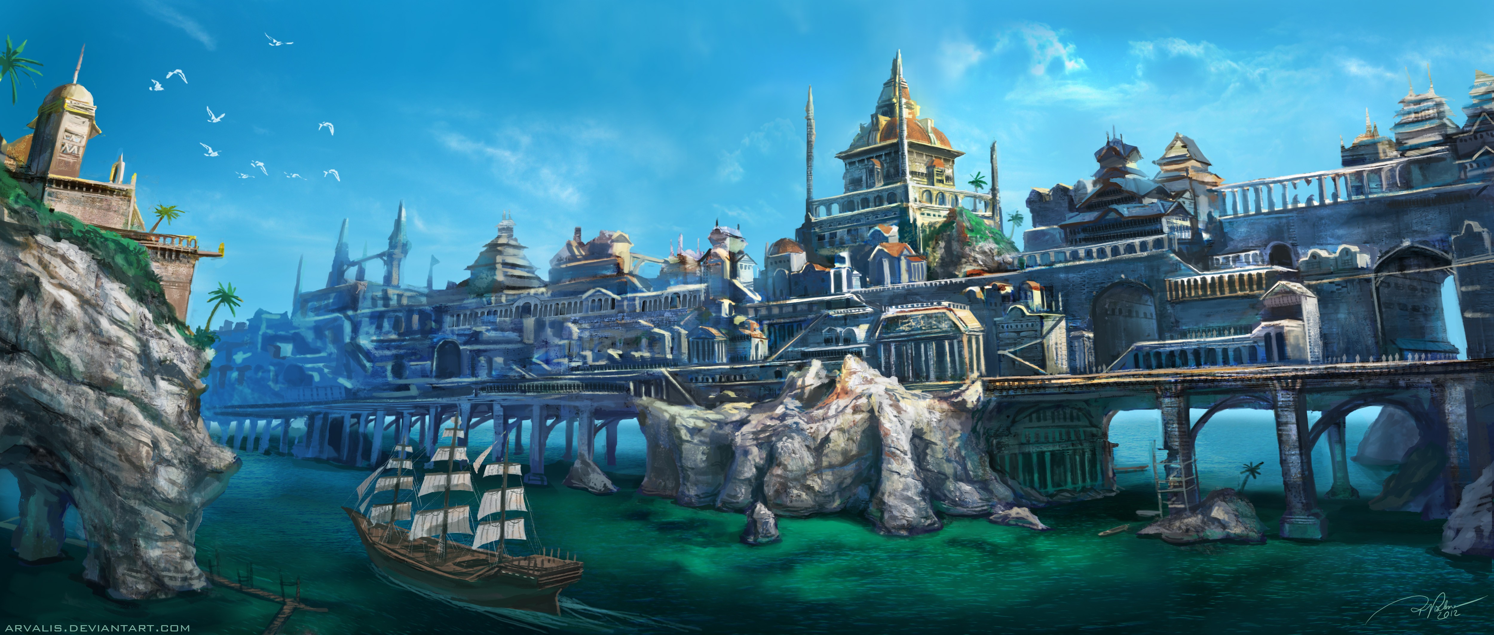 Fantasy city with a sailing ship and cliffs HD Wallpaper