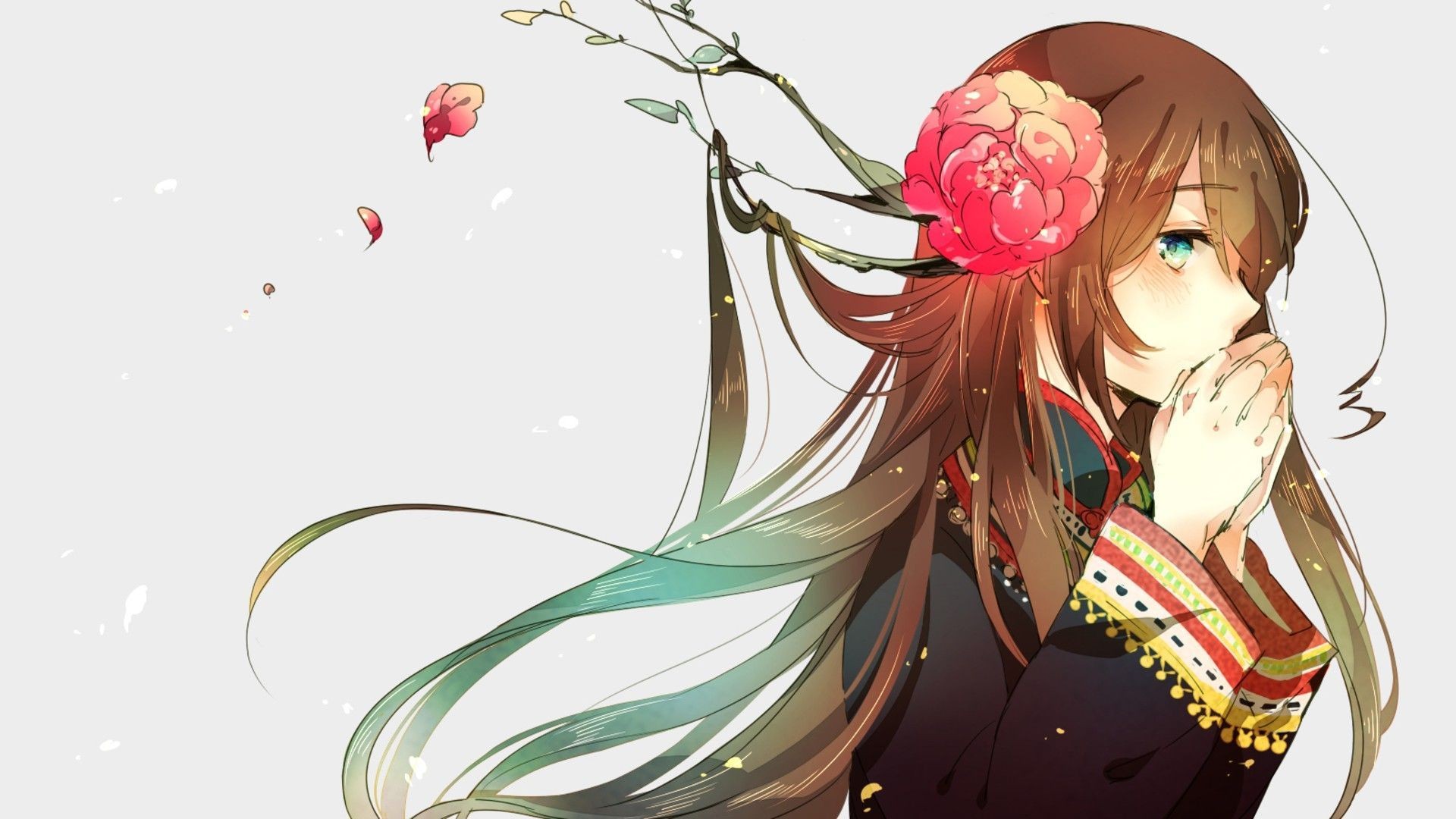 Anime girl with long brown hair and blue eyes HD Wallpaper