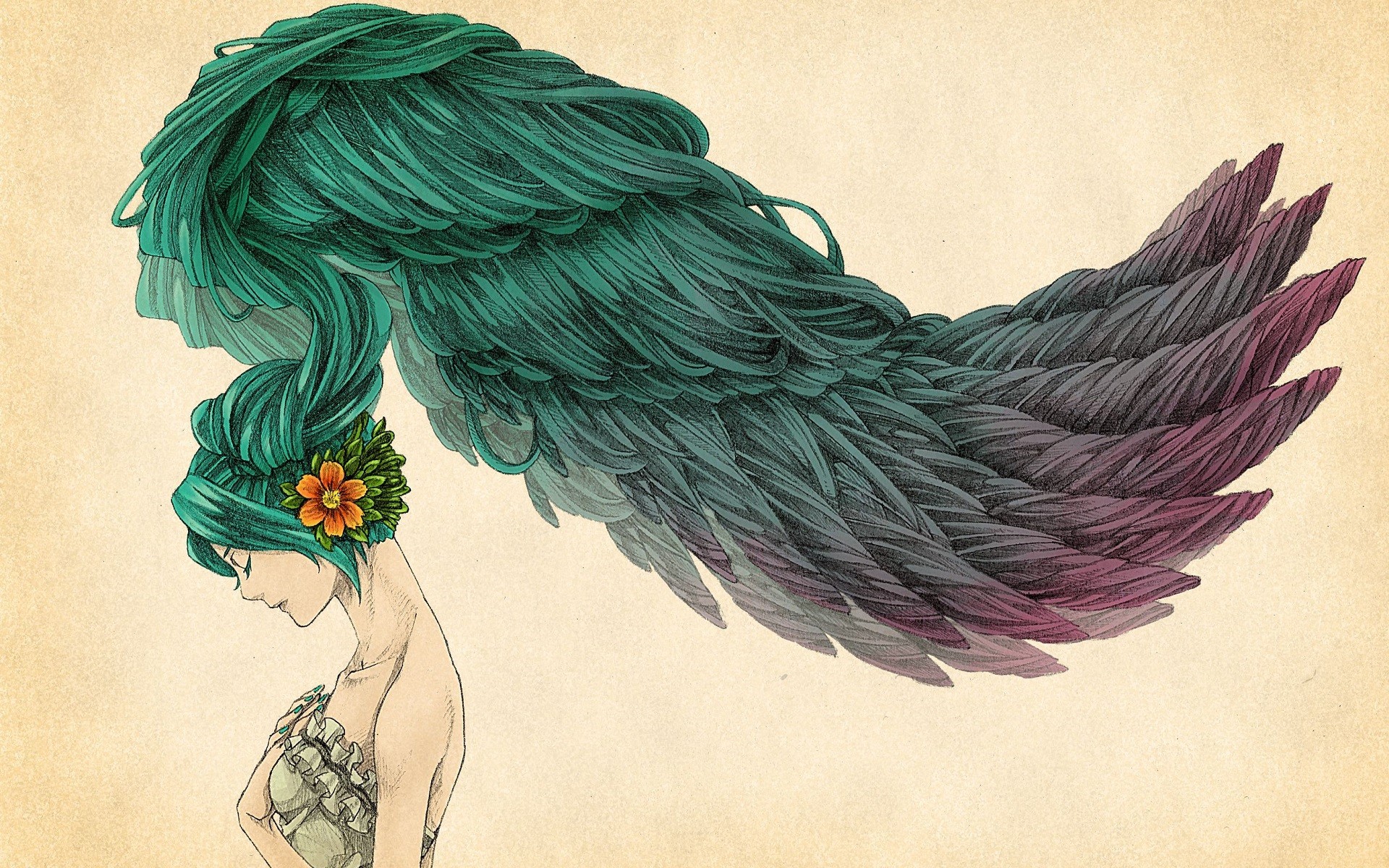 Artwork of a woman with teal hair and wings HD Wallpaper