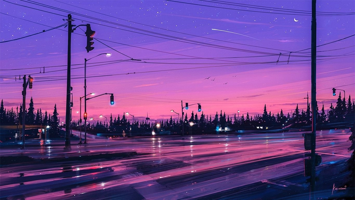 Street scene at dusk with traffic lights and trees HD Wallpaper