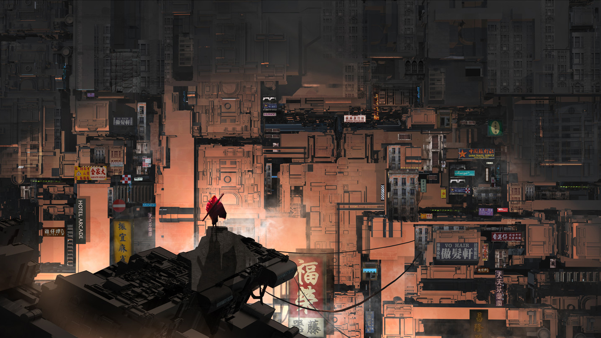 Cyberpunk cityscape with a lone warrior HD Wallpaper