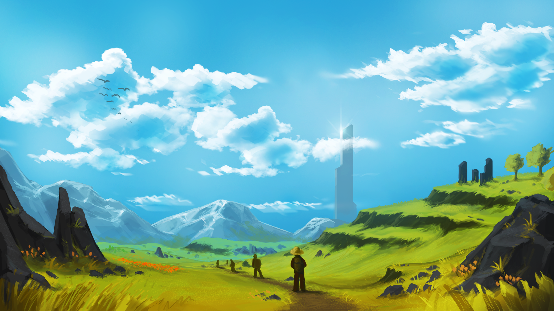 Digital art landscape with mountains and travelers HD Wallpaper