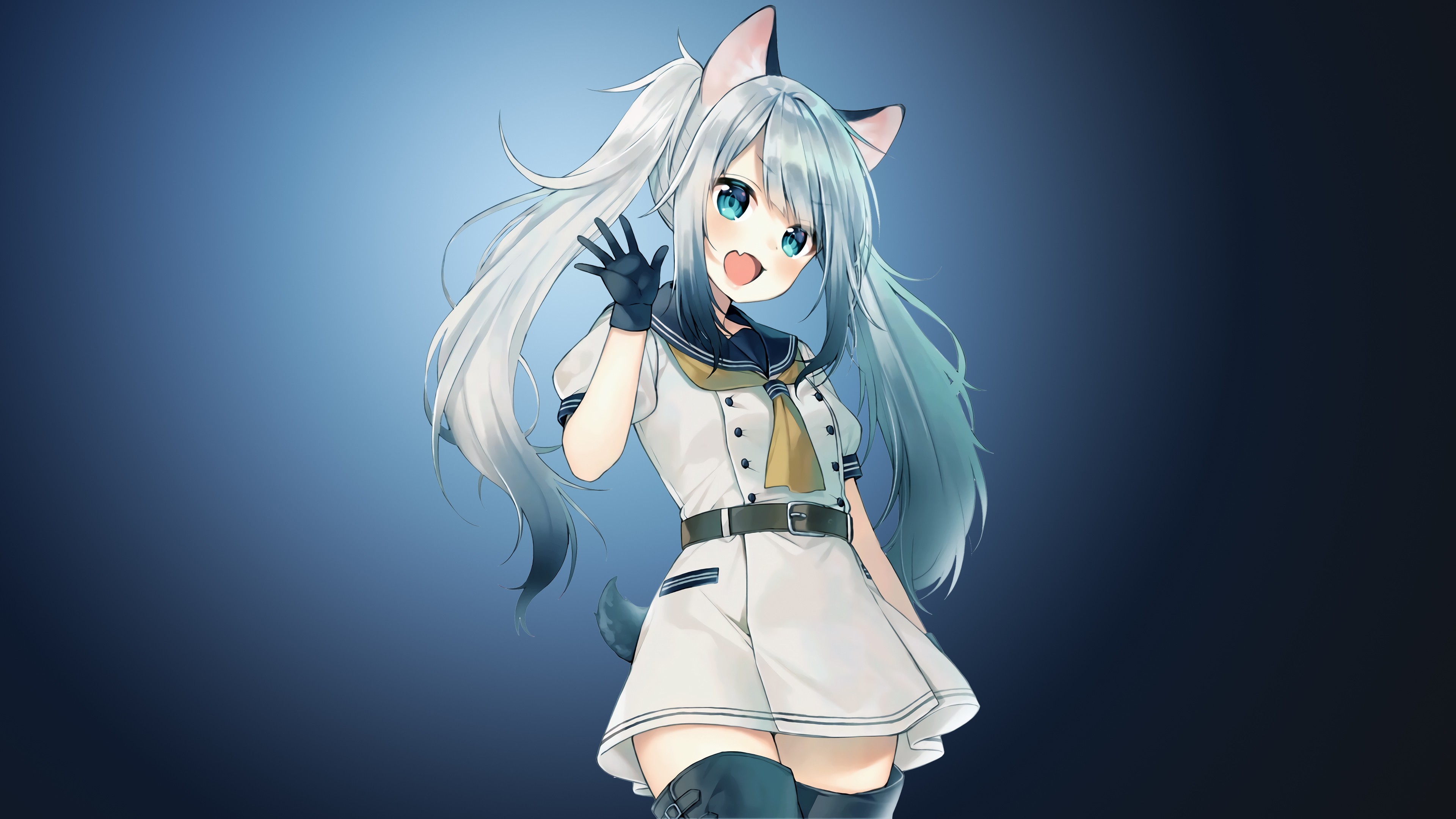 Anime girl with cat ears and tail HD Wallpaper