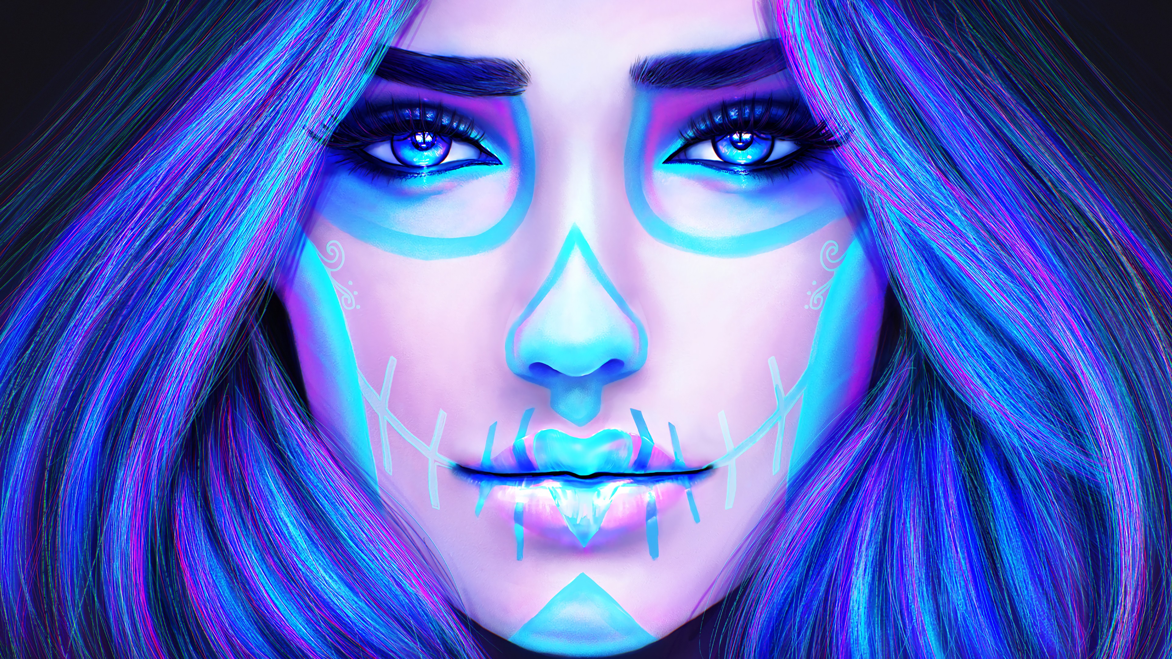 Woman with blue and purple hair and sugar skull makeup HD Wallpaper