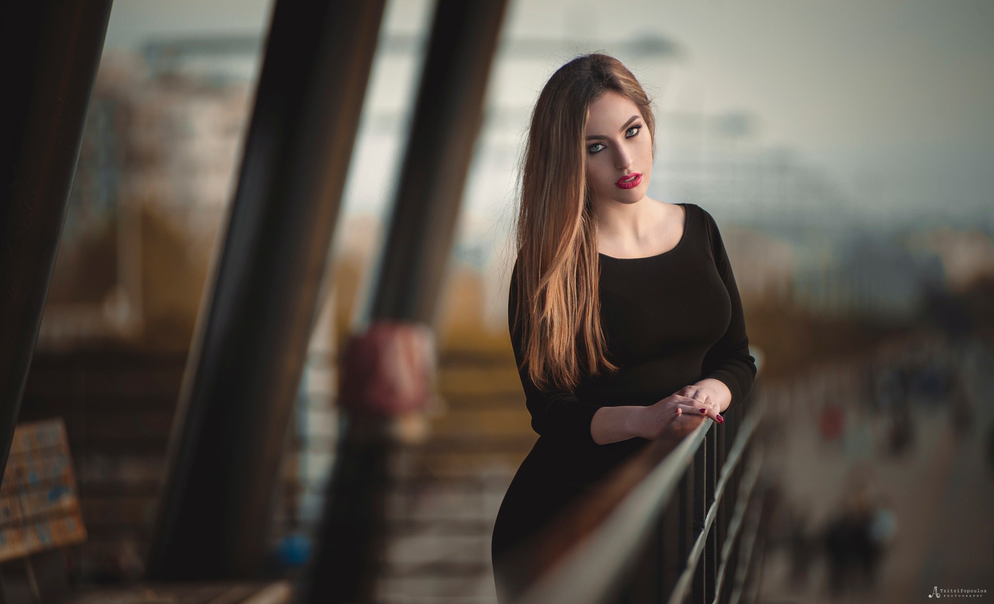 women, looking at viewer, straight hair, model, dress, Agelos Tzitzifopoulos, blonde, long hair, depth of field HD Wallpaper
