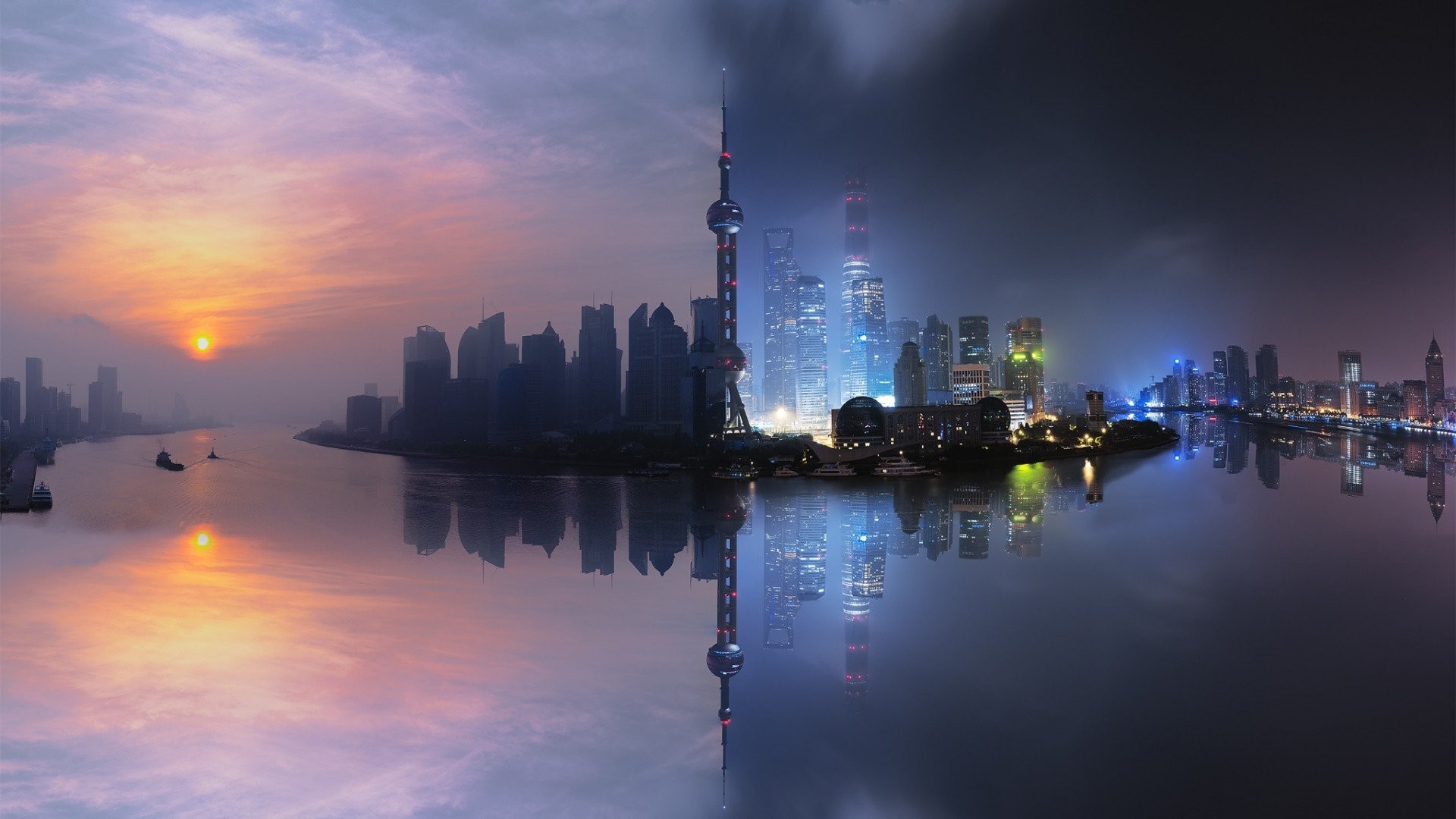 Shanghai skyline at sunrise and night with reflections HD Wallpaper