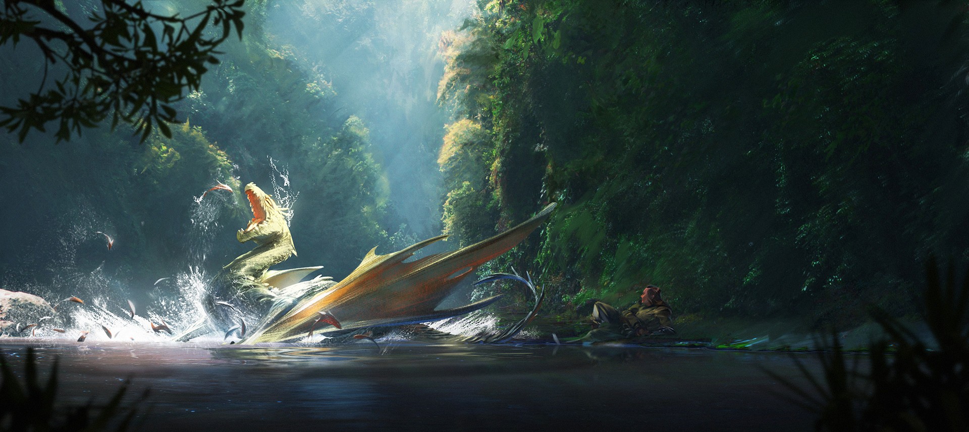 Fantasy artwork of a dragon attacking a boat HD Wallpaper