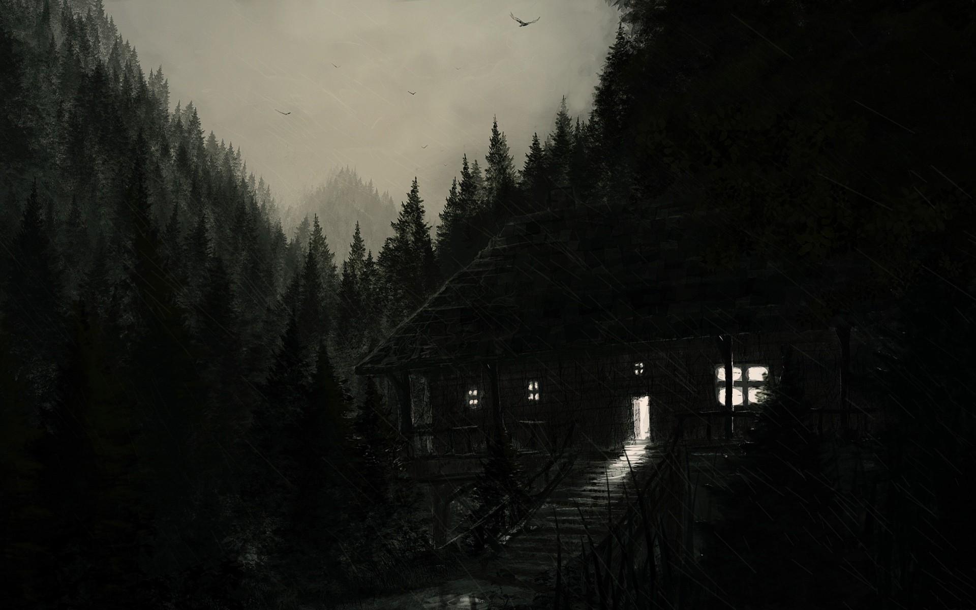 Dark cabin in a rainy forest HD Wallpaper