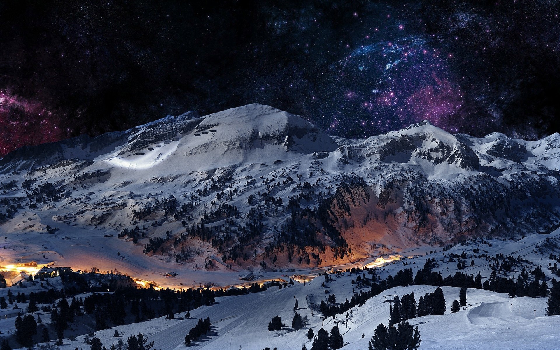 Snowy mountains under a starry night sky HD Wallpaper